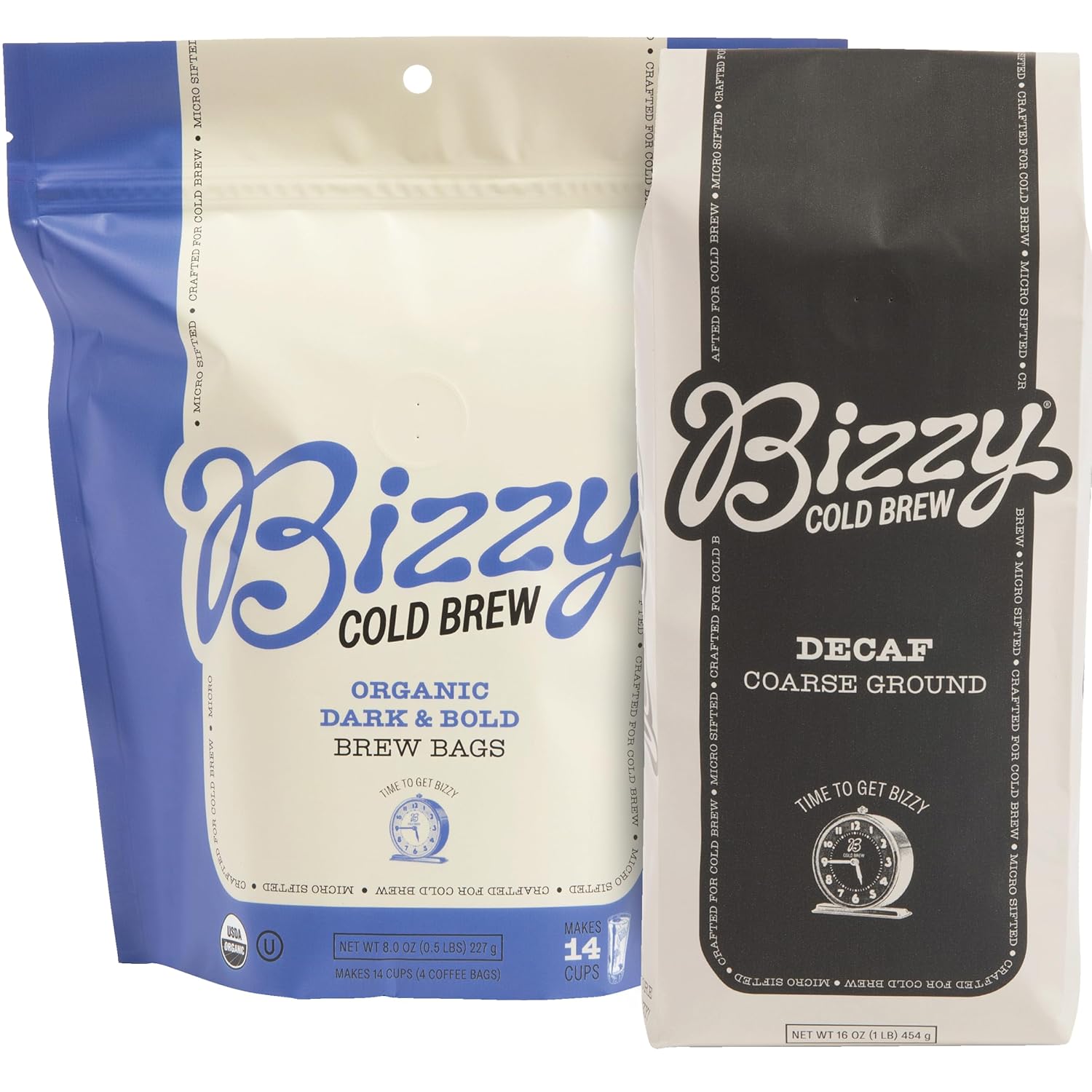 Bizzy Organic Cold Brew Coffee | Bundle | Coarse Ground Decaf 1 LB + Dark & Bold Brew Bag 4-count| 2 Pack
