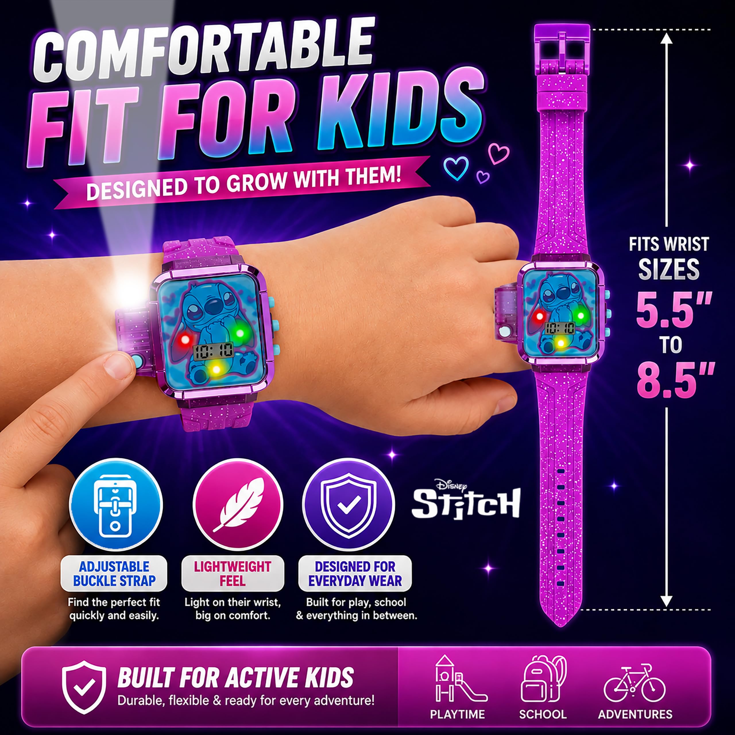 Disney Stitch - Orologio LCD per bambini con luce LED, torcia e cinturino | Display a LED luminoso, cinturino con caratteri stampati, design resistente all'acqua e vestibilità regolabile per polsi da