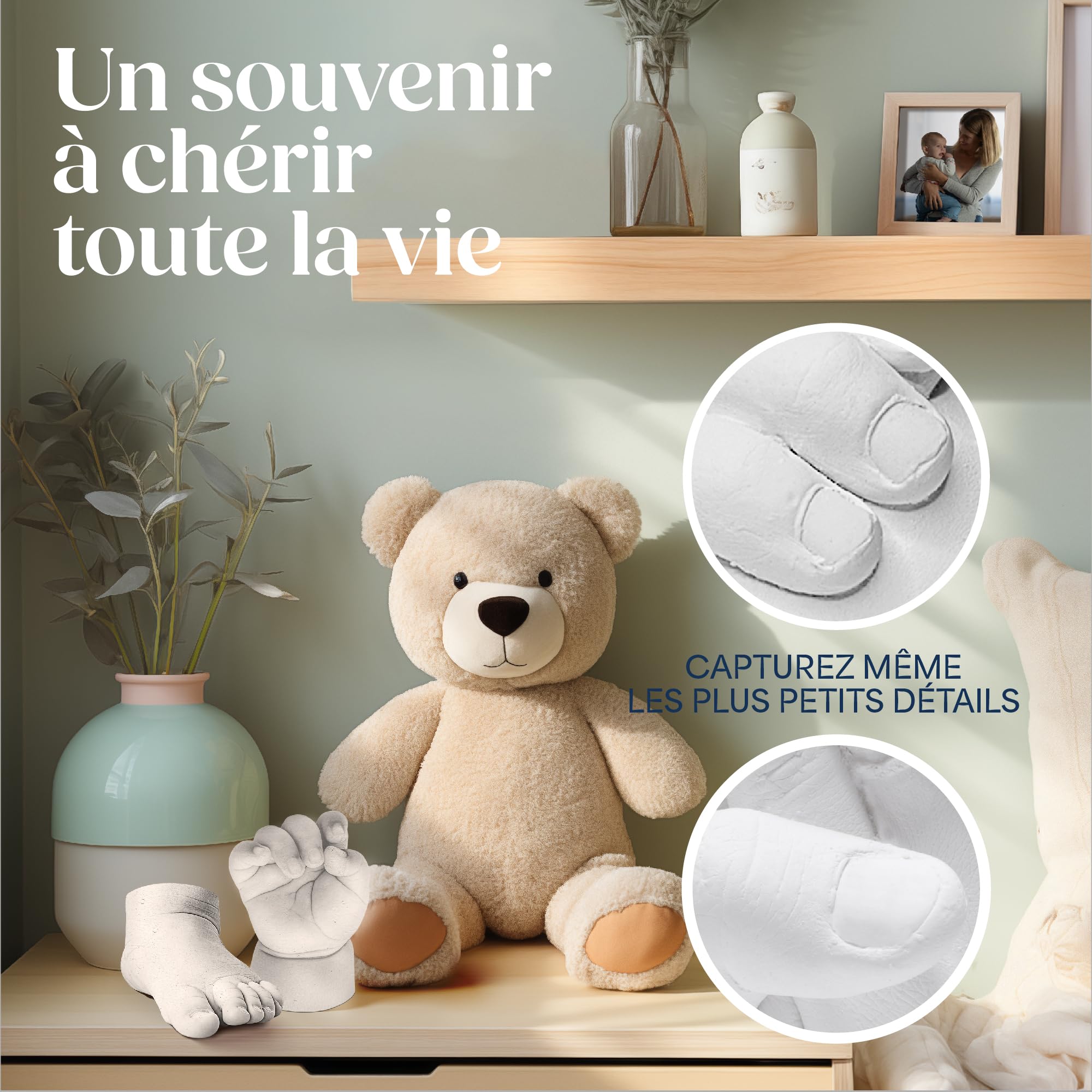 Niimo® Kit de Moulage Main et Pied Bébé 3D - Non Irritant et Non Toxique avec 2 Sachets d’Alginate et 2 Sachets de Poudre de Moulage, Cadeau Souvenir Personnalisé, Capacité 2 Moulages