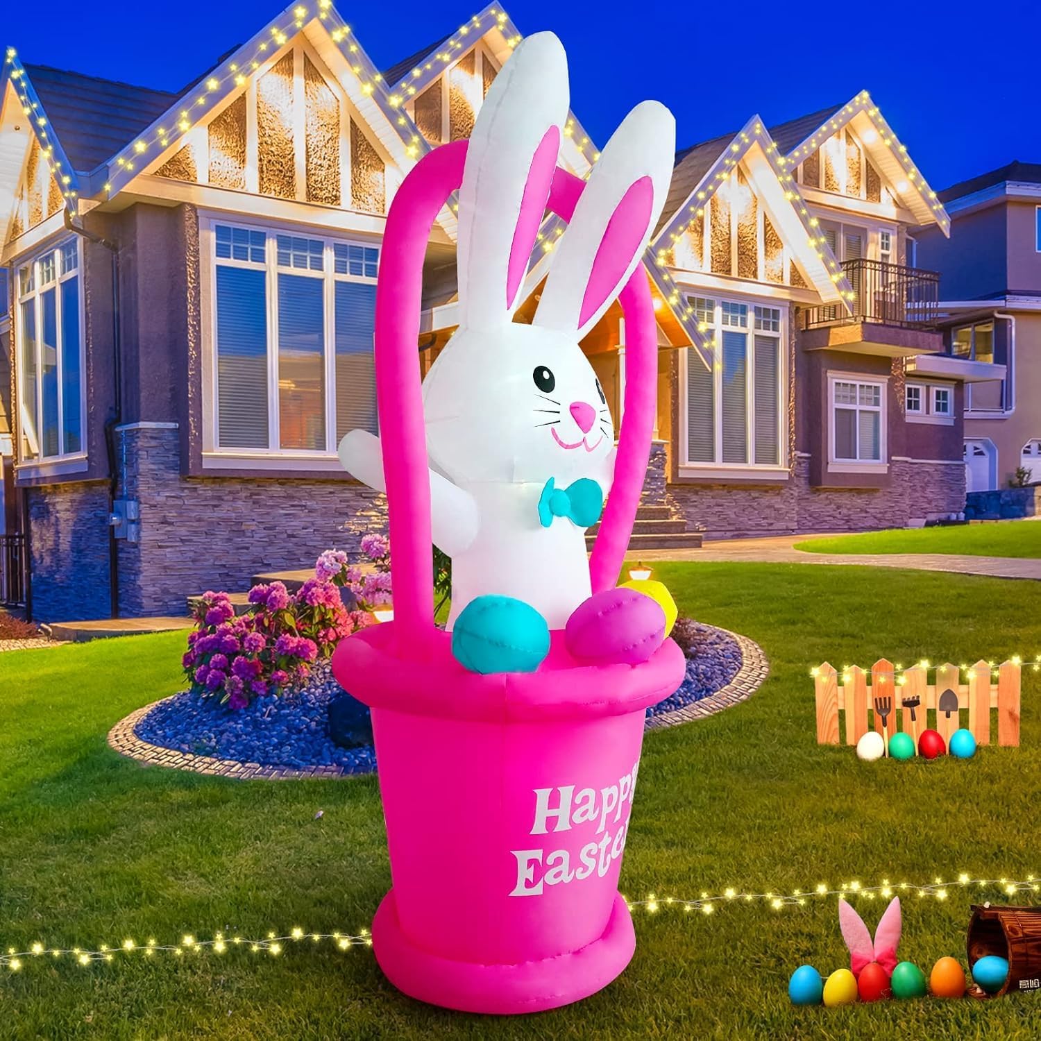 HZGDEJTG 7 FT Easter Inflatables Outdoor Decorations, Built-in LED Easter Blow UP Yard Decorations, Suitable for Yard, Garden, Outdoor, Lawn, Basket Rabbit Decoration