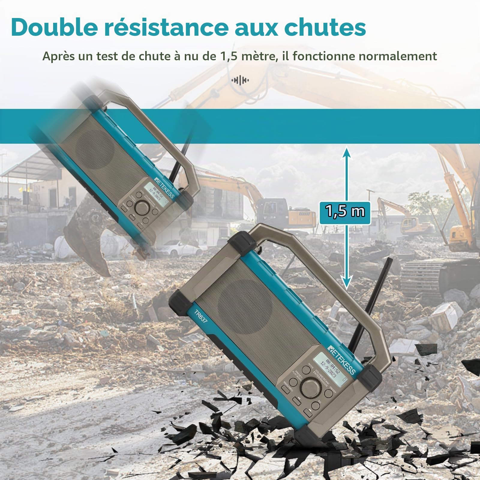 Retekess TR637 Radio de Chantier, Radios Portable | pour Chantier, Poste de Travail, FM/AM, 5000mAh Batterie, Étanche, Résistant aux Chutes, Port USB, Poignée