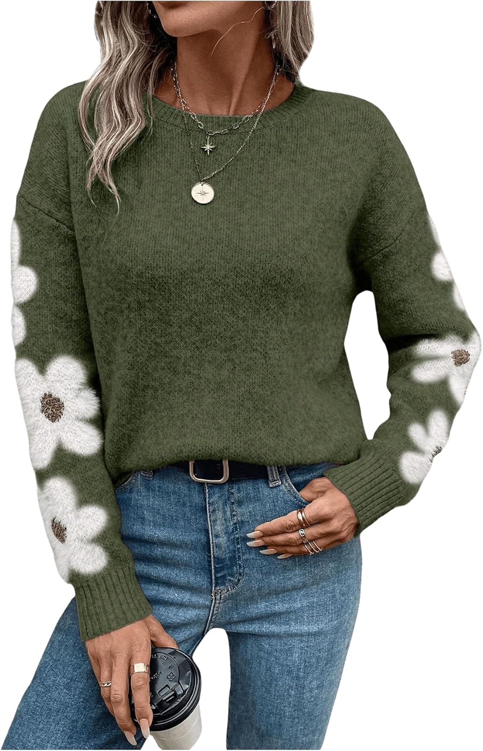 SHENHE Women's Floral Pattern Crewneck Long Sleeve Drop Shoulder Sweaters Pullover Tops - Image 4
