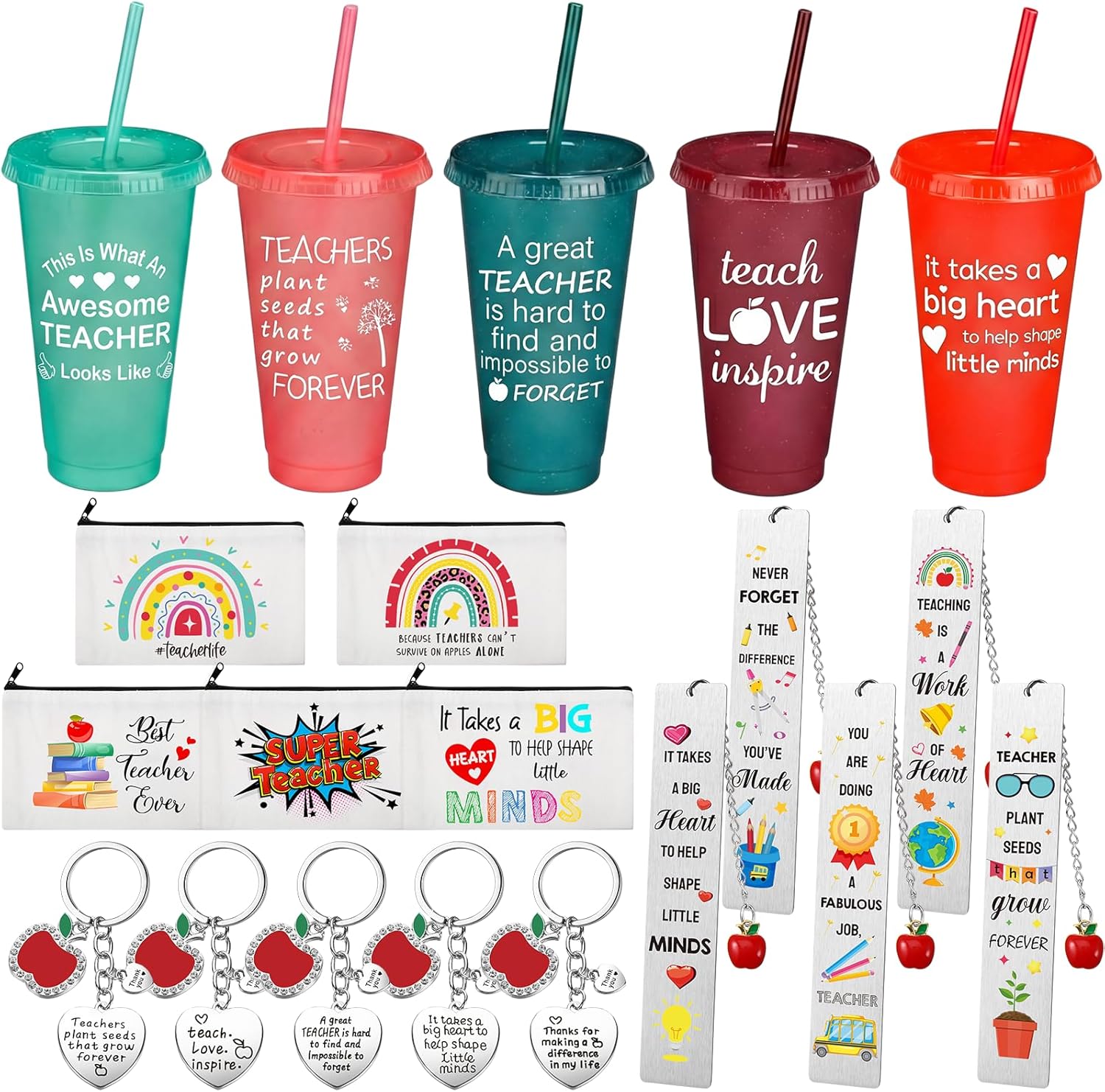 Meanplan 5 Sets Teacher Appreciation Gift Bulk Graduation Retirement Teacher Gifts for Women 24 oz Reusable Plastic Cups Makeup Bags Keychains Bookmarks with Pendants