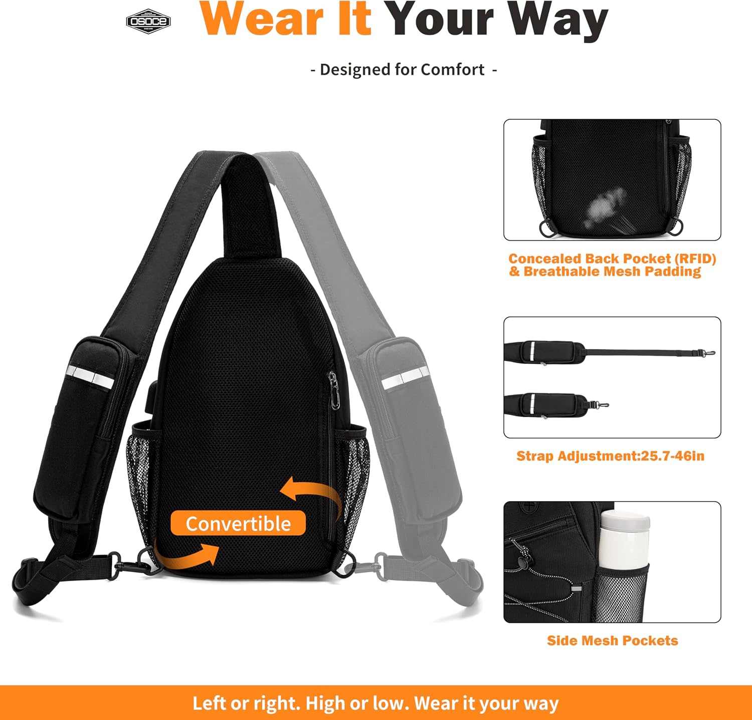 OSOCE Anti-Theft Sling Bag, Crossbody Bag for Men, Water-Resistant, 2.0L