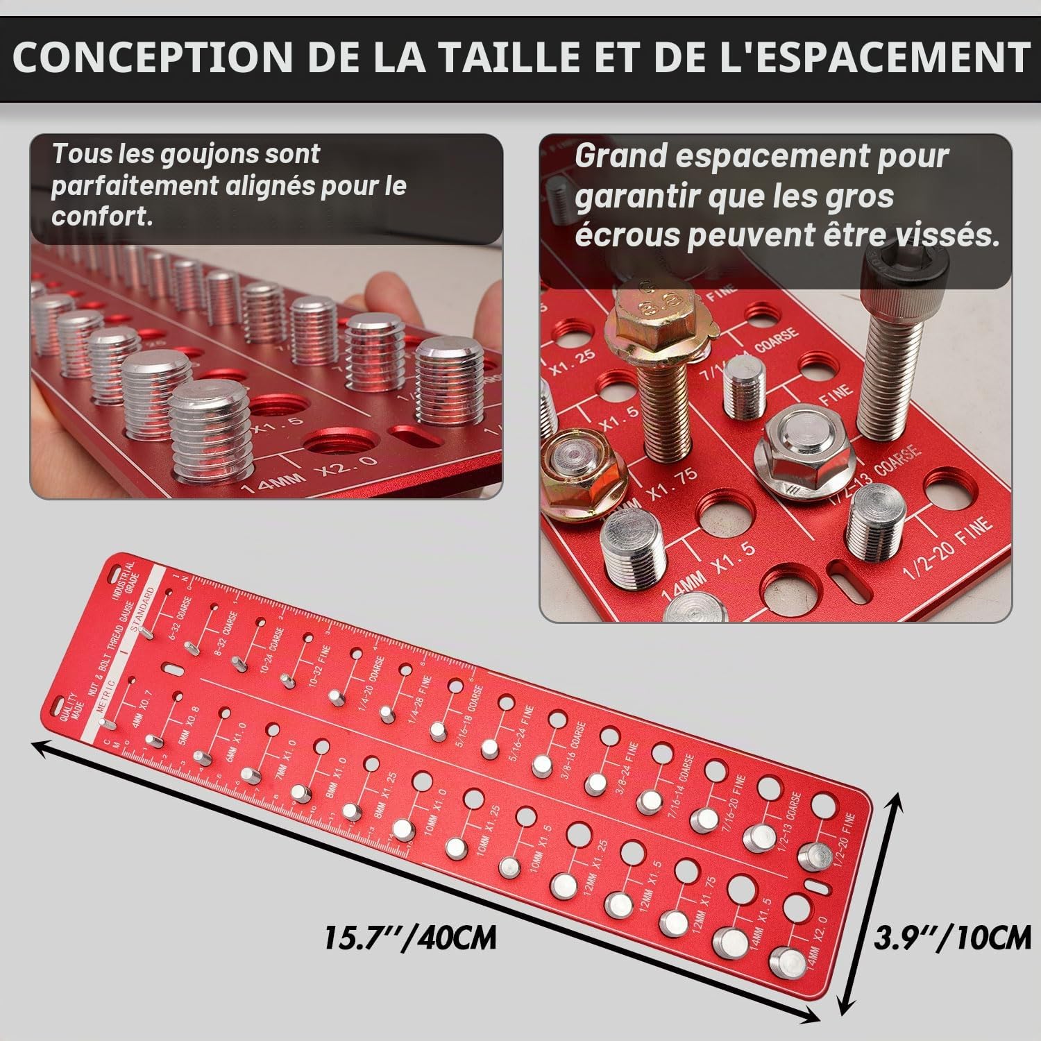 Vérificateur de Filetage, Vérification de la Taille du Filetage des écrous et des Bboulons, Identificateur de Filetage de vis avec 14 Impérial et 14 Métriques, Rouge