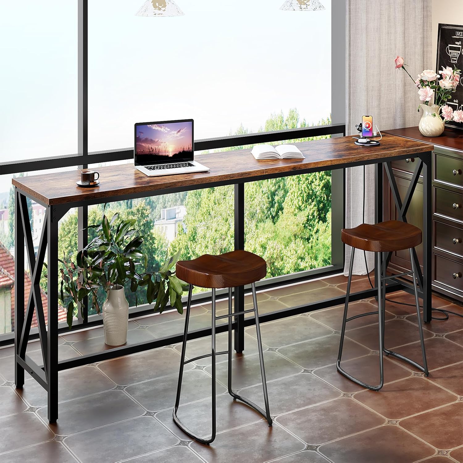 CHOEZON 70.9'' Bar Table, Kitchen Dining Table with Power Outlet and Footrest, Industrial Style, for Pub, Living Room, Rustic Brown and Black TBT08UBF Rustic Brown and Black 70.9"L x 15.7"W x 35.4"H