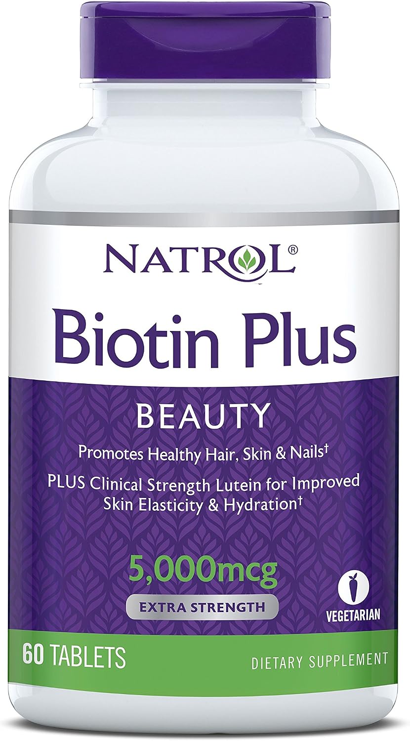 Natrol Biotin Beauty Plus Lutein Tablets, Promotes Healthy Hair, Skin and Nails, Improves Skin Elasticity and Hydration, Extra Strength 5,000mcg