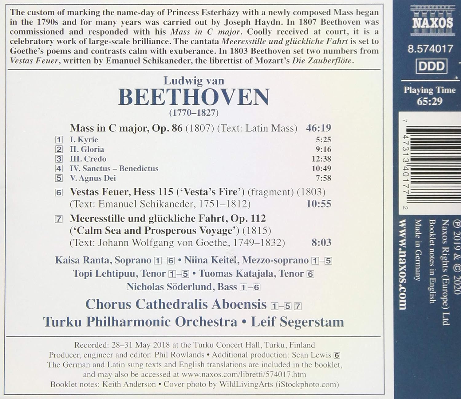 CD back cover of the Mass in C Major by Beethoven from Leif Segerstam and the Turku Philharmonic Orchestra on Naxos