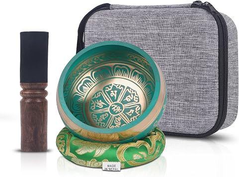 Kmise Tibetan Singing Bowls Set- Handmade in Nepal Meditation Sound Bowls for Yoga, Meditation, Mindfulness, Healing and Chakra Balancing, Stress Relief 5, Green