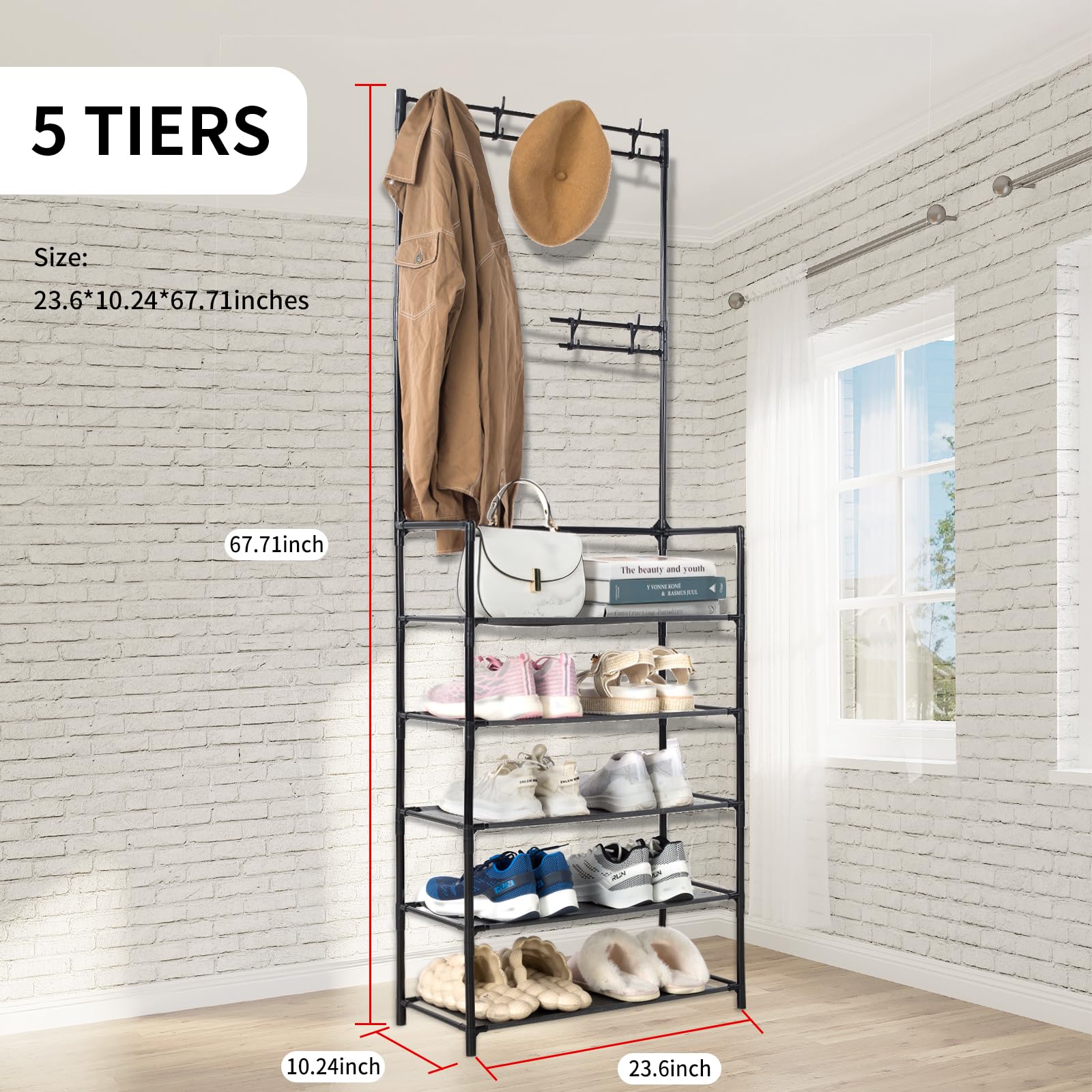 Appendiabiti Ingresso 2 In 1 Kisidus - Con Scaffale Per Scarpe, 4 Ganci, Legno E Metallo Nero, 60x37x175 Cm