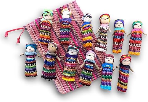 Miniatura 8 de Juego de 5 muñecas guatemaltecas hechas a mano con una colorida bolsa de almacenamiento hecha a mano, muñecas de preocupación para niñas, muñecas de