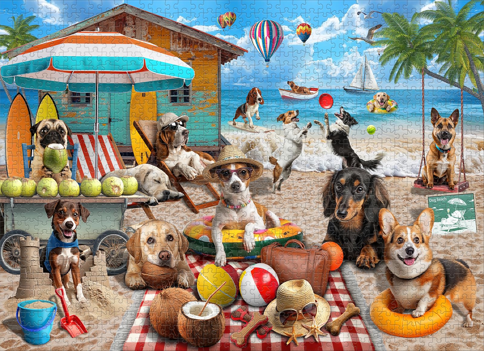 1000 puzzli dla dorosłych – scena wakacyjna dla psów plażowych z chatą kokosową, balonami na gorące powietrze i zabawnymi detalami, zabawna i wymagająca układanka firmy Naturelish, 68 x 49