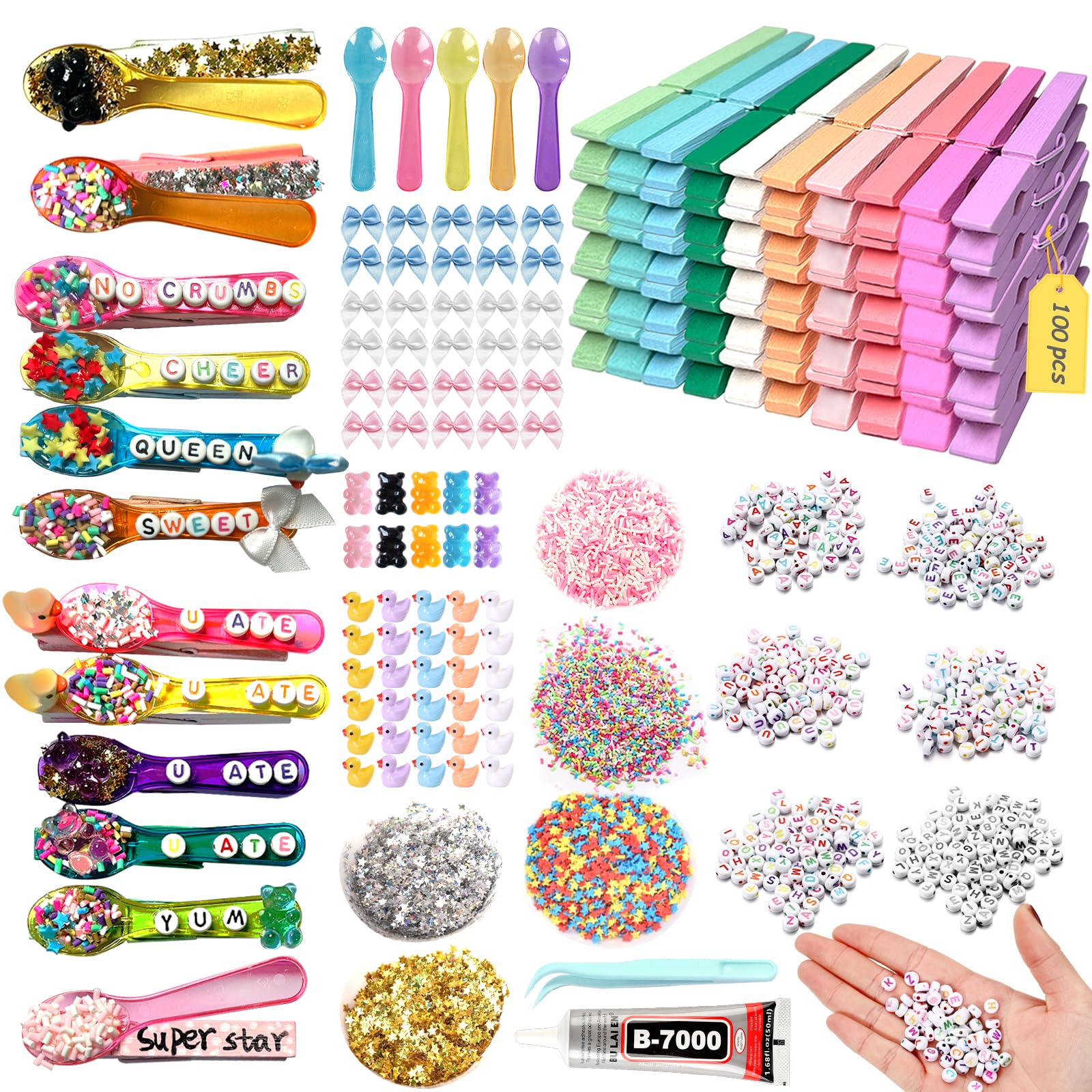 100 Set Cheer Pins Kit, DIY Spirit Clips You ATE Spoon for Team Spirit Gifts, Cheerleader, Volleyball, Pep Rally &amp; Backpack Decor, 100 Wooden Pins, 100 Spoons,600 Beads &amp; Charms,2.9Inch Macaron Colors