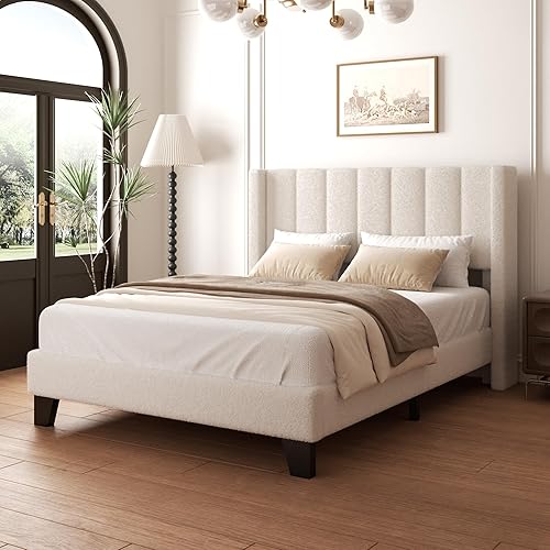 Miniatura 12 de Marco de Cama Queen con Cabecero Tapizado Marco de Cama de Plataforma con Cabecero de Terciopelo Teddy, Soporte de Listones de Madera/Diseño de