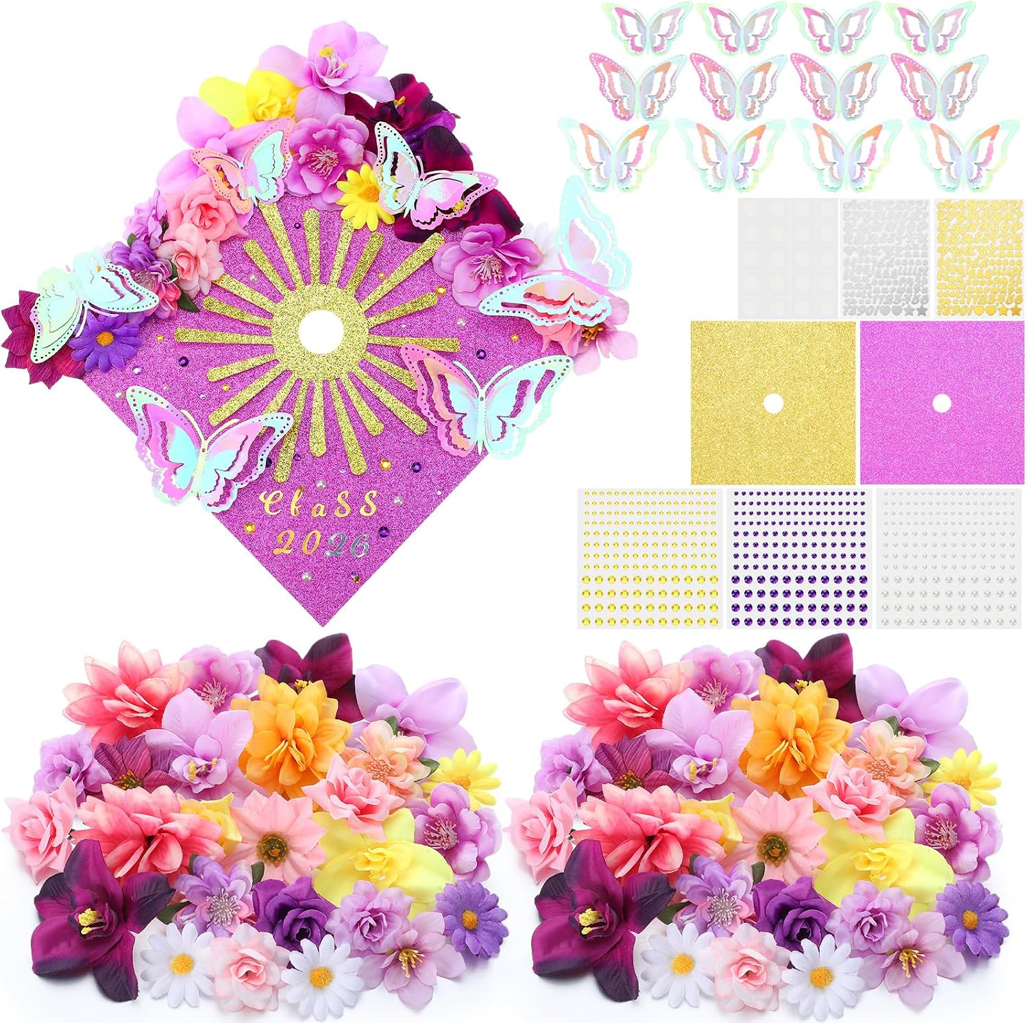 Wavwavw 44 Pcs DIY Graduation Cap Decorations Kit Pink Grad Cap Decorations 3D Artificial Flowers Butterfly Decals Rhinestone Pearl Stickers Letter Stickers Glitter Paper for 2026 Grad Hats Decor