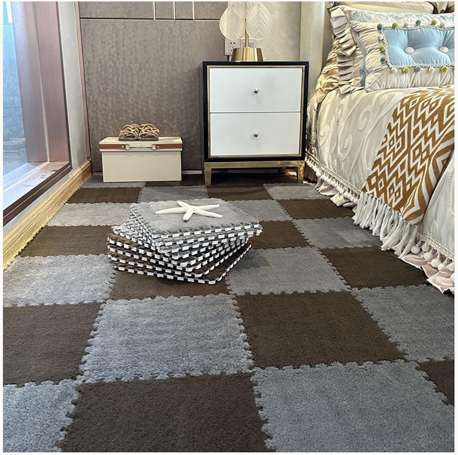 50pcs Fluffy Eva Play Mat, Non-Slip Washable for Floor Protectio, Interlocking Carpet Tiles with Border, Square Shaggy Plush Foam Floor Mat(Gray+Dark Brown)