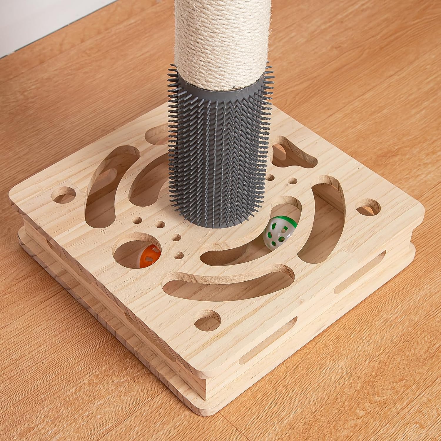 30.3 Inch Large Cat Scratching Post, 4-in-1 Interactive Maze Base with Cat Self Groomer, Natural Pine Wood & Premium Sisal Scratching Pole, Anti-Slip Detachable Design for Indoor Cats