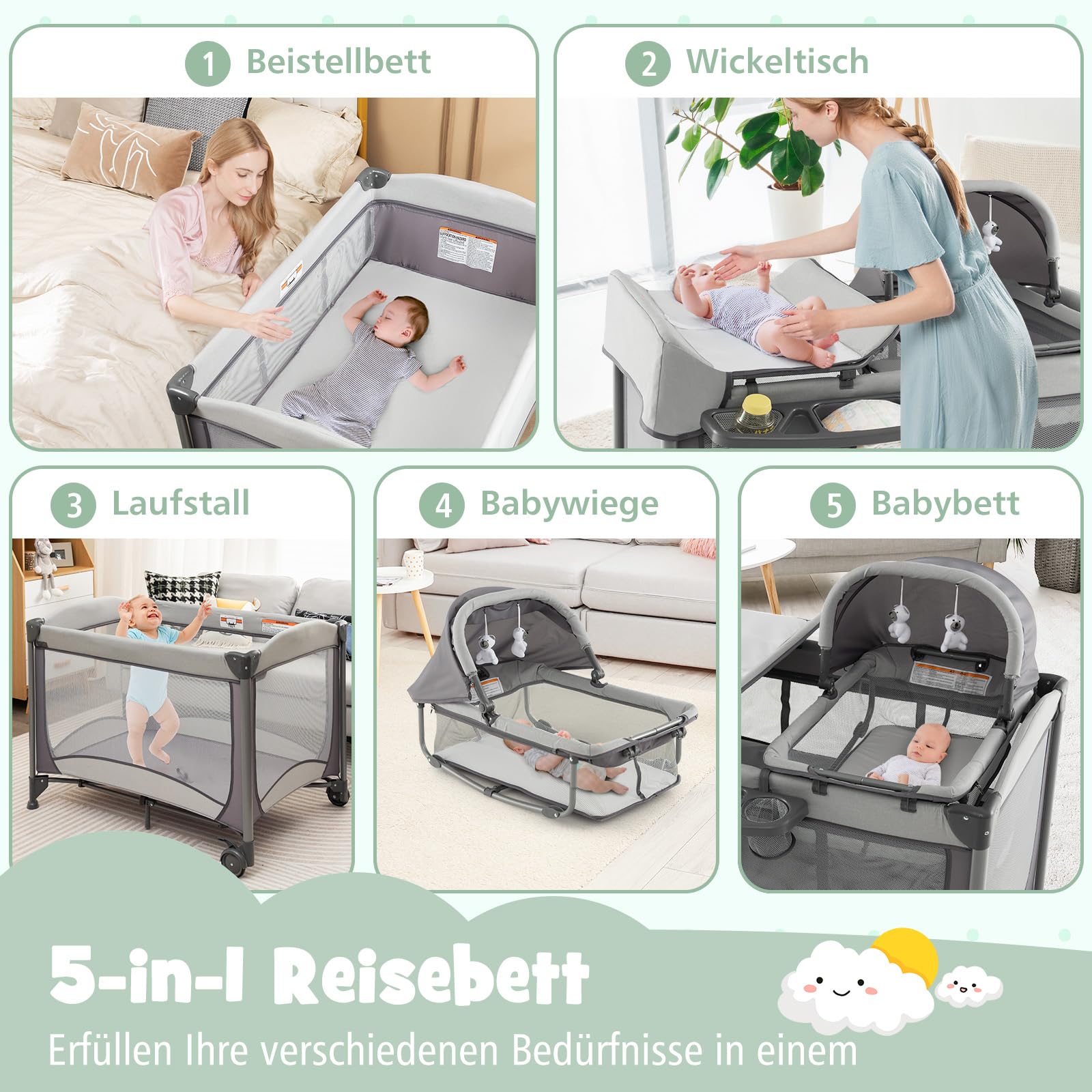 DREAMADE 5 in 1 Reisebett Baby mit Matratze, 110 x 78 cm Beistellbett mit Wiege & Wickelauflage, Babybett Komplett Set für Neugeborene & Baby bis 36 Monate (Grau)