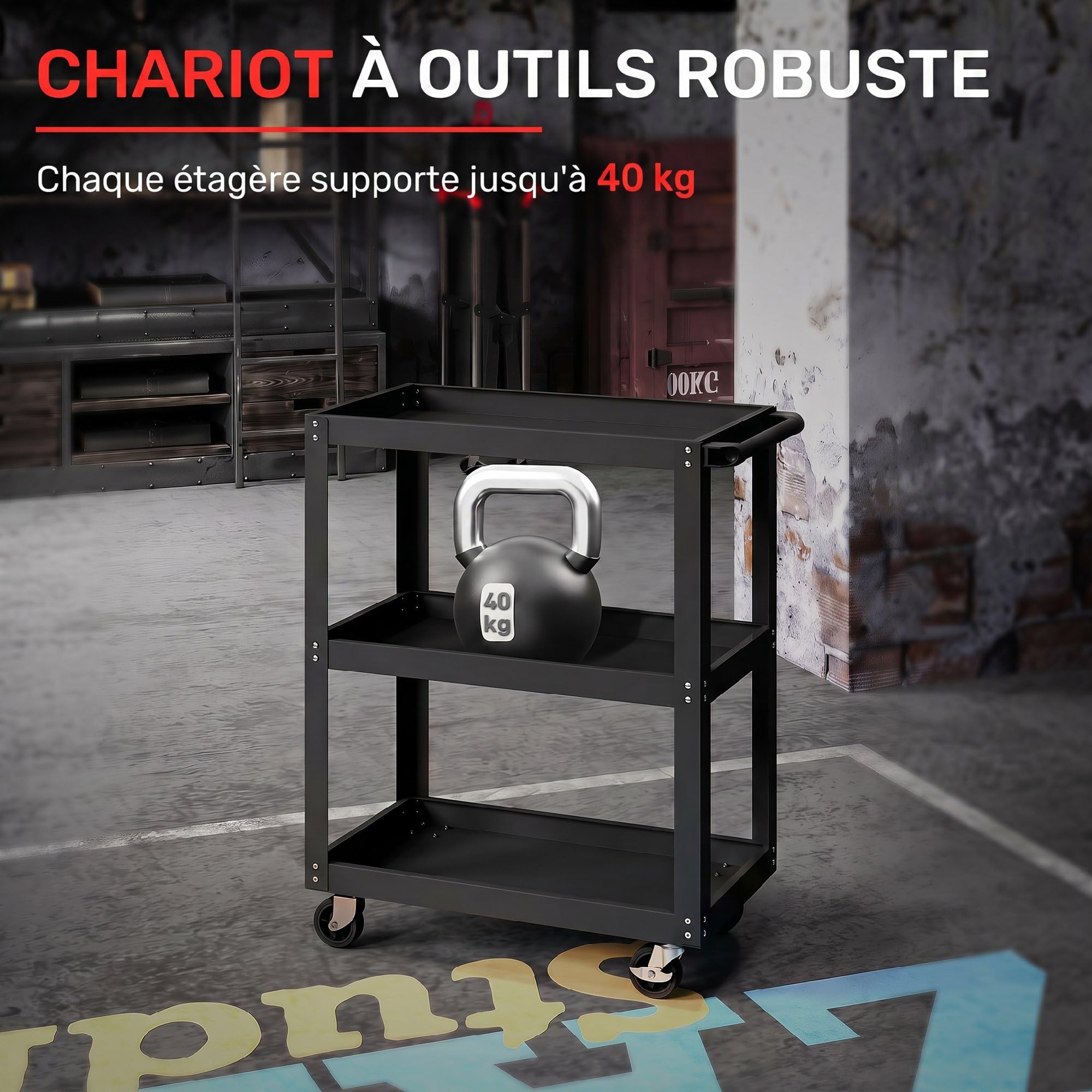 HOMCOM Chariot d'Atelier Servante d'Atelier 3 Niveaux 70,5x35x82,5cm Noir