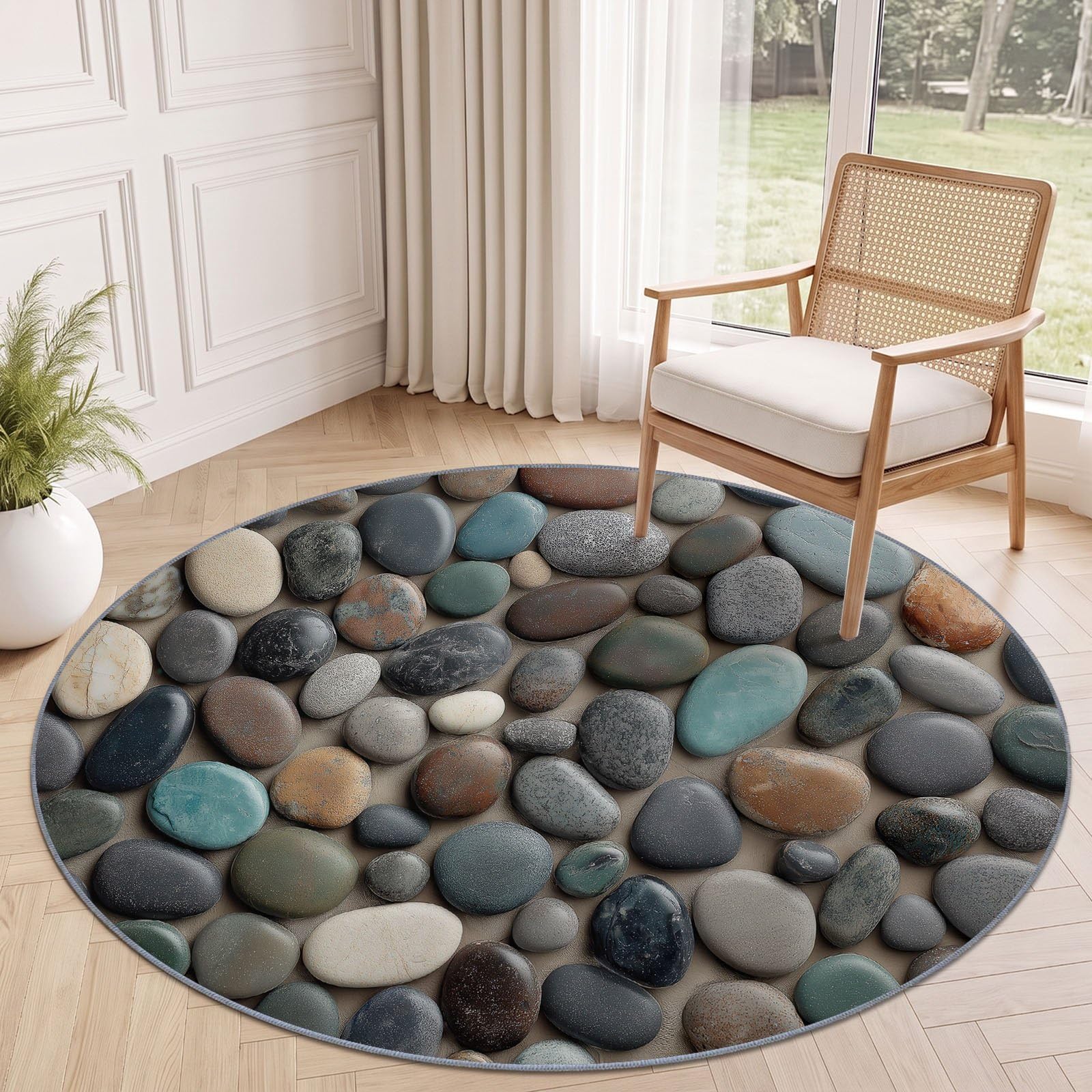 Naturel Rustique Grand Tapis Rond à Motif Galets Pierres Plage pour Salon Chambre à Coucher Salle de Bain Couloir décoration, Lavable en Machine Pile Courte et Douce, Gris, 200 cm