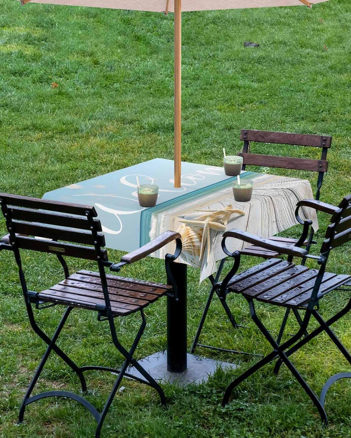 Outdoor Tablecloth with Umbrella Hole and Zipper 60" Square Summer Ocean Beach Boardwalk Starfish Shells Water Repellant Table Cover Tabletop Collection for Party Patio Picnic