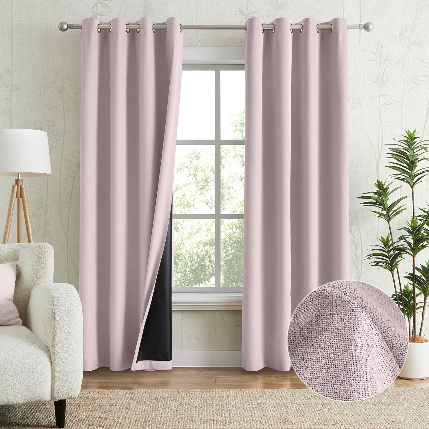 Melodieux 100% Blackout Linen Textrued Curtains for Living Room, Full Light Blocking Thermal Insulated Grommet Curtain Drapes with Black Back for Bedroom, 52 x 54 Inch, Pink (2 Panels)
