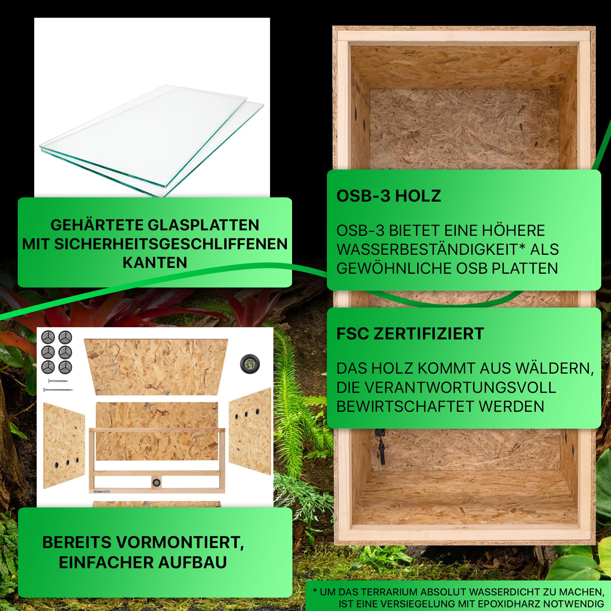 ITA Hochterrarium 60x120x60 cm mit Seitenbelüftung & Integriertem Hygrometer - Holz Terrarium aus OSB-3 Platten - Terrarien für Reptilien, Schlangen, Amphibien - EU Produkt, FSC Zertifiziert