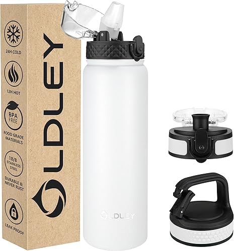 Miniatura 11 de Oldley Botella de agua aislada de 20 onzas para adultos y niños, botellas de agua de acero inoxidable con pajita/pico/mosquetón, 3 tapas, colador