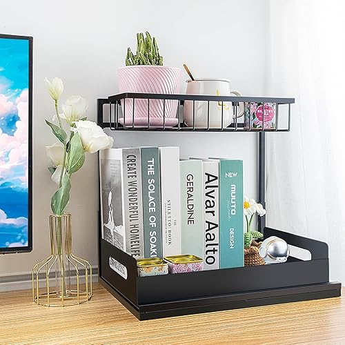 Miniatura 5 de MirthMood - Organizador de metal para debajo del fregadero, paquete de 2 organizadores en forma de L de altura ajustable, 2 niveles para debajo del