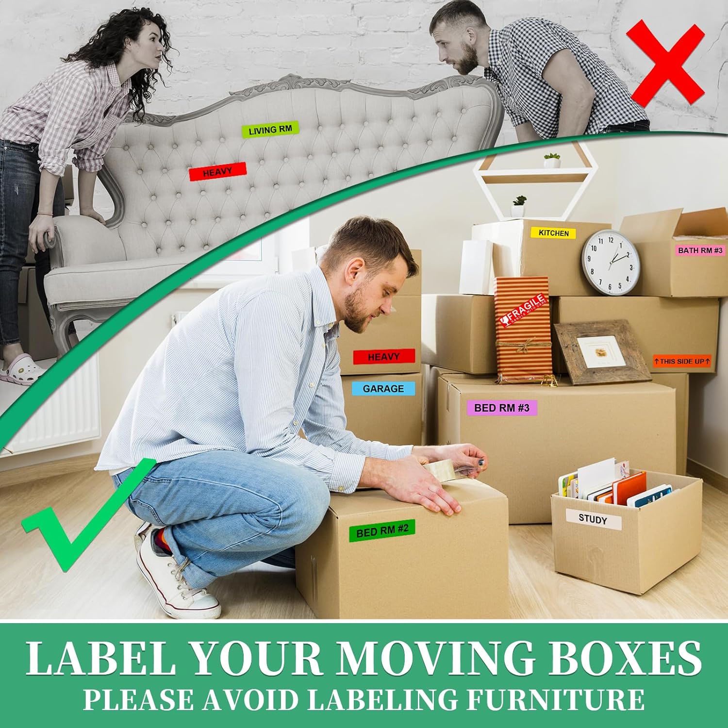 Moving Box Labels – 1440 PCS (24 Rolls) Color Coded Room Stickers, 1''x4.5'' Strong Adhesive Home Packing Stickers for Boxes of Bedroom, Kitchen, Garage, Fragile & Heavy Item Warning Labels, BIAlabel - Image 5