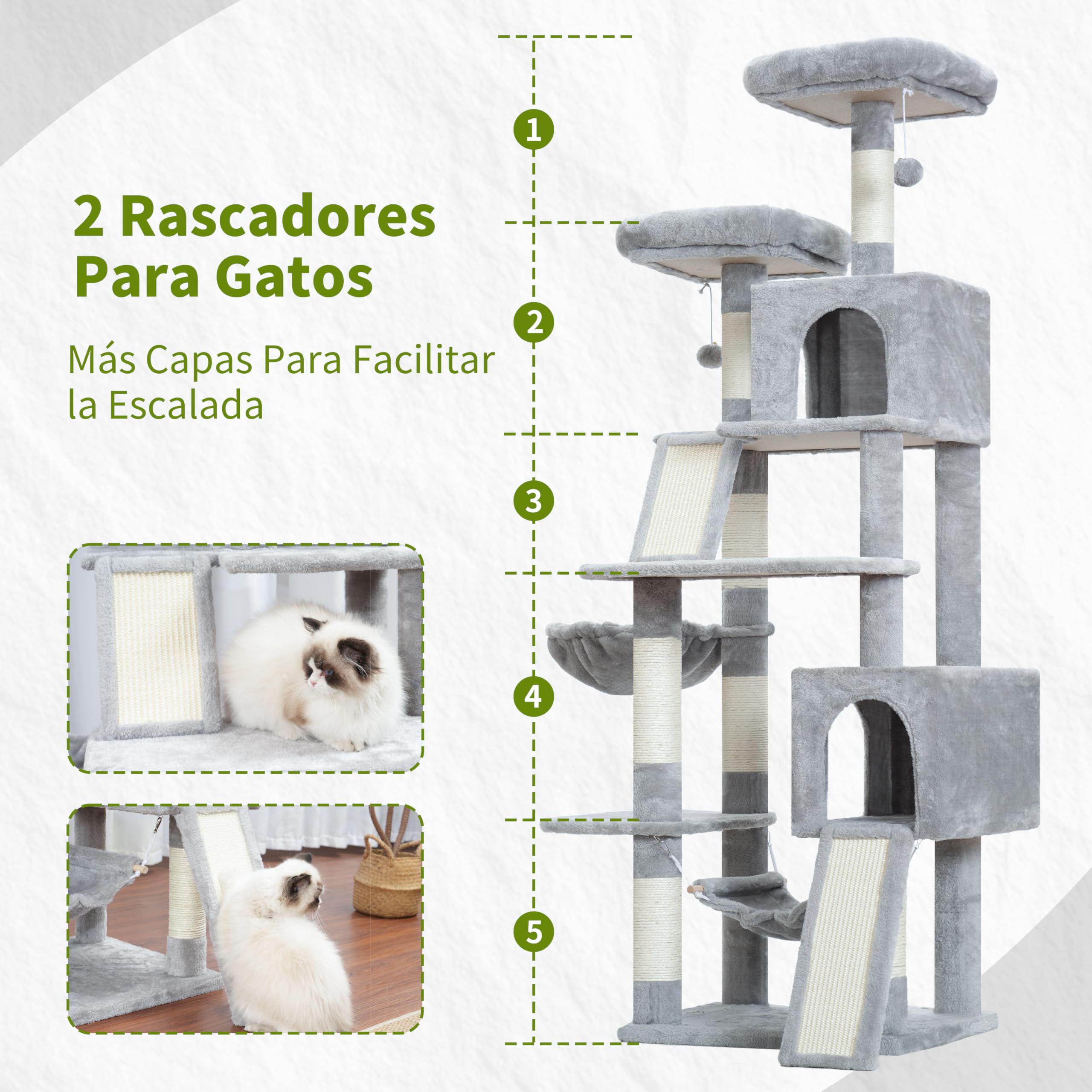 Gitelsnour rascador para Gatos de Interior, árbol para Gatos de 180 cm, con 2 rascadores, 7 Postes, Pompones, Hamaca, Gris Claro GCT032W