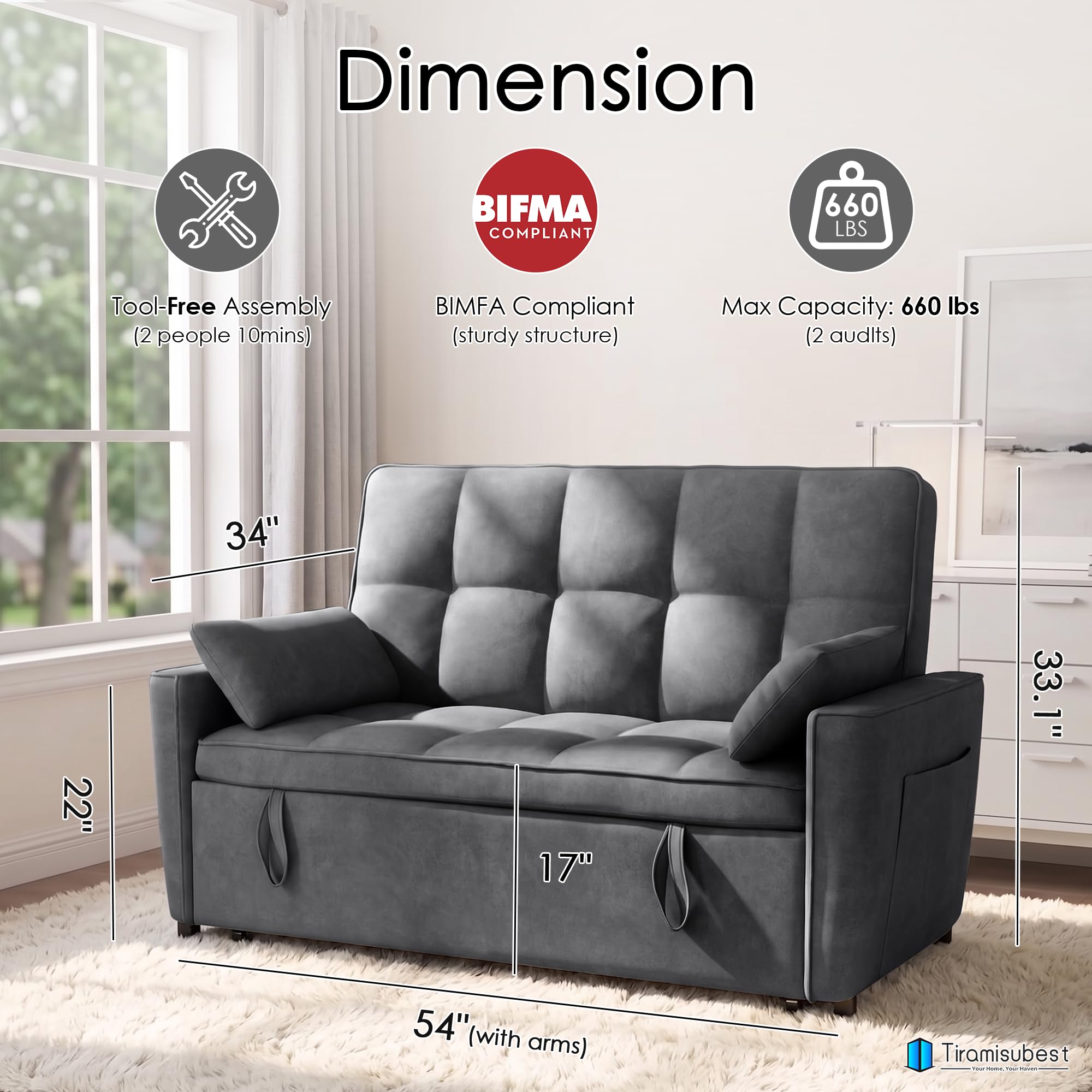 54'' Sleeper Sofa Bed, Convertible Pull Out Couch Futon for for Living Room,Apartment (Darkgrey, Loveseat) Side Pockets, Velvet Fabric, Adjustable Backrest, Pull-Out Bed, Easy Assembly
