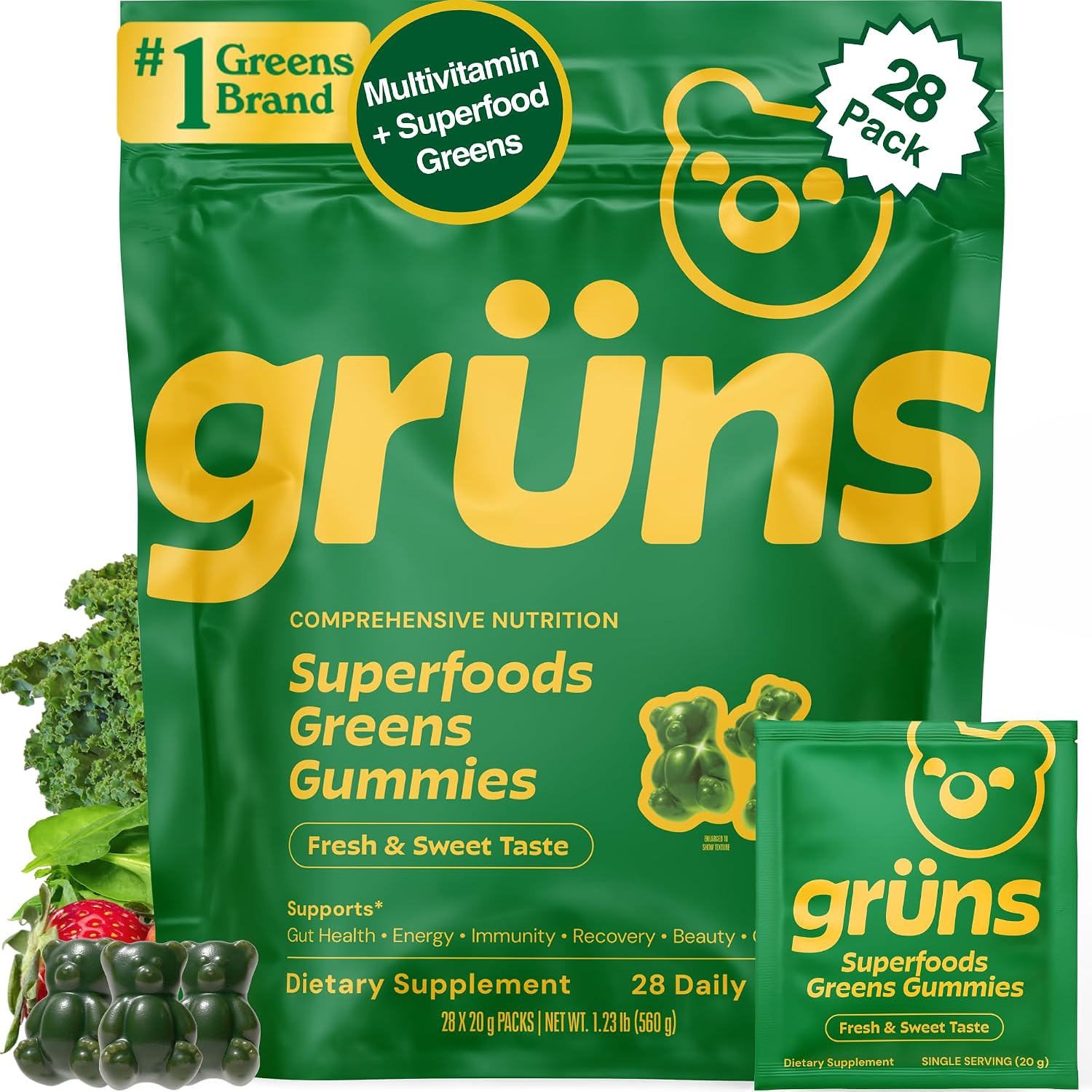 Gruns Adult Super Greens Multivitamin Gummies, 28-count daily packs with spirulina, chlorella, adaptogens, and prebiotic fiber