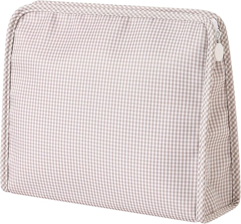 Necessaire de maquiagem Lestikave com estampa xadrez, zíper branco e fechamento de pressão, 03Beige