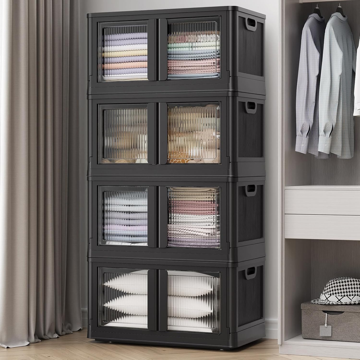 4Pack 400QT Total Plastic Storage Bins with Lids, 100Gal Total Stackable Containers with Wheels, Folding Closet Organizers, Collapsible Cabinet with Doors for Closet Home Dorm, V6 Black