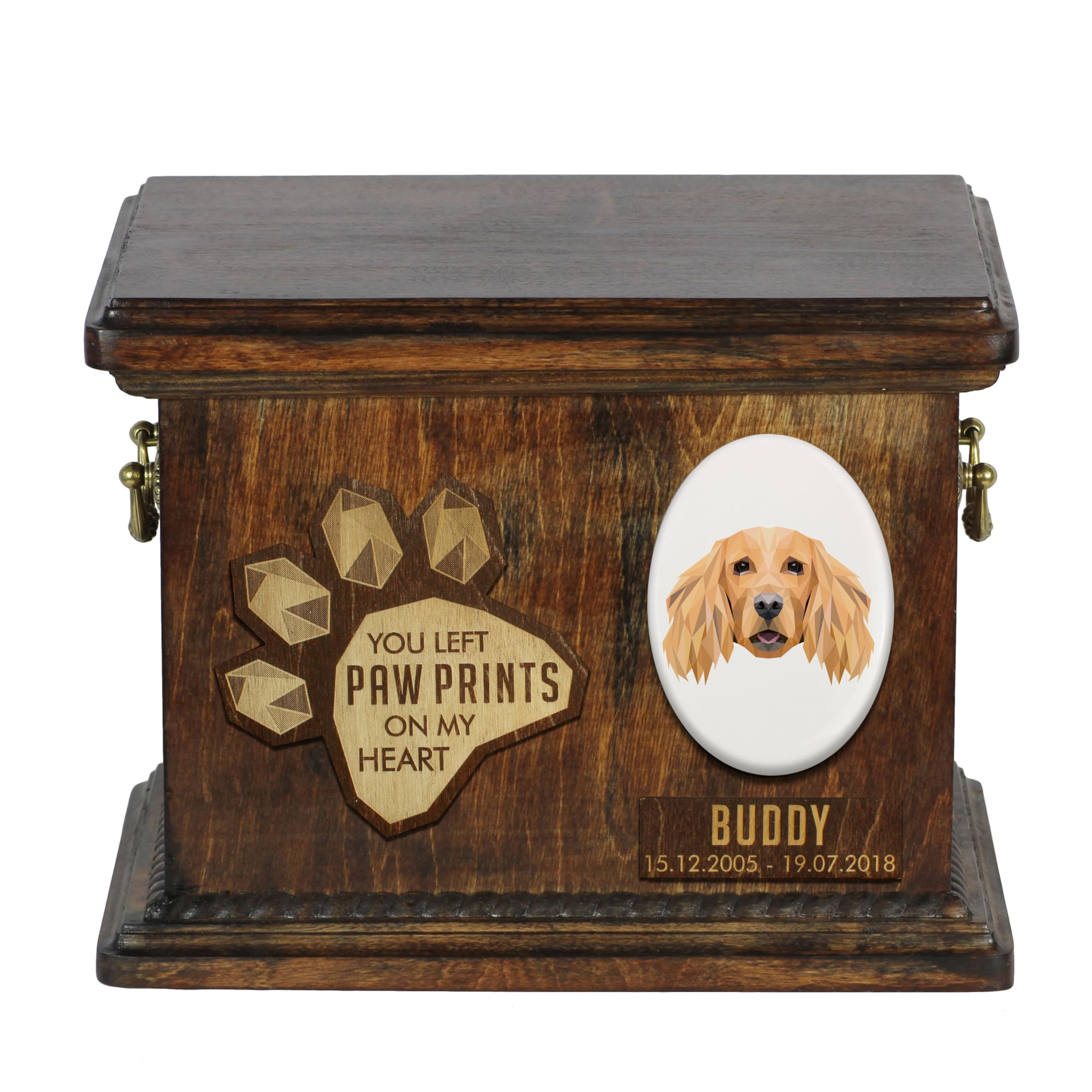 Urne en bois pour Cocker Anglais fait main avec plaque en céramique