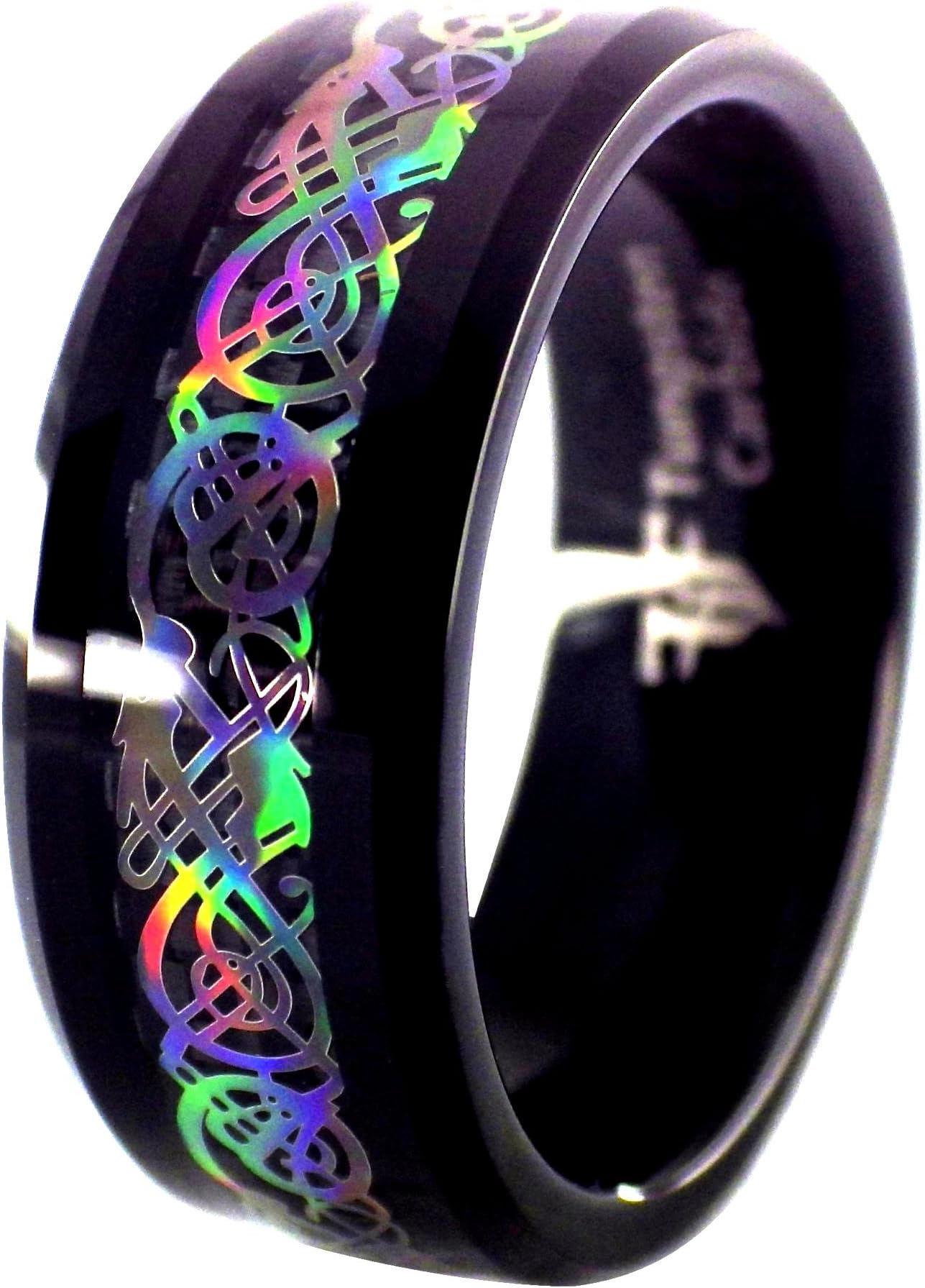 Fantasy Forge Jewelry Black Tungsten Rainbow Hologram Style Celtic Dragon Ring Womens Mens Sizes 6-17