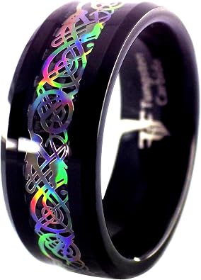 Black Tungsten Rainbow Hologram Style Celtic Dragon Ring Womens Mens Sizes 6-17