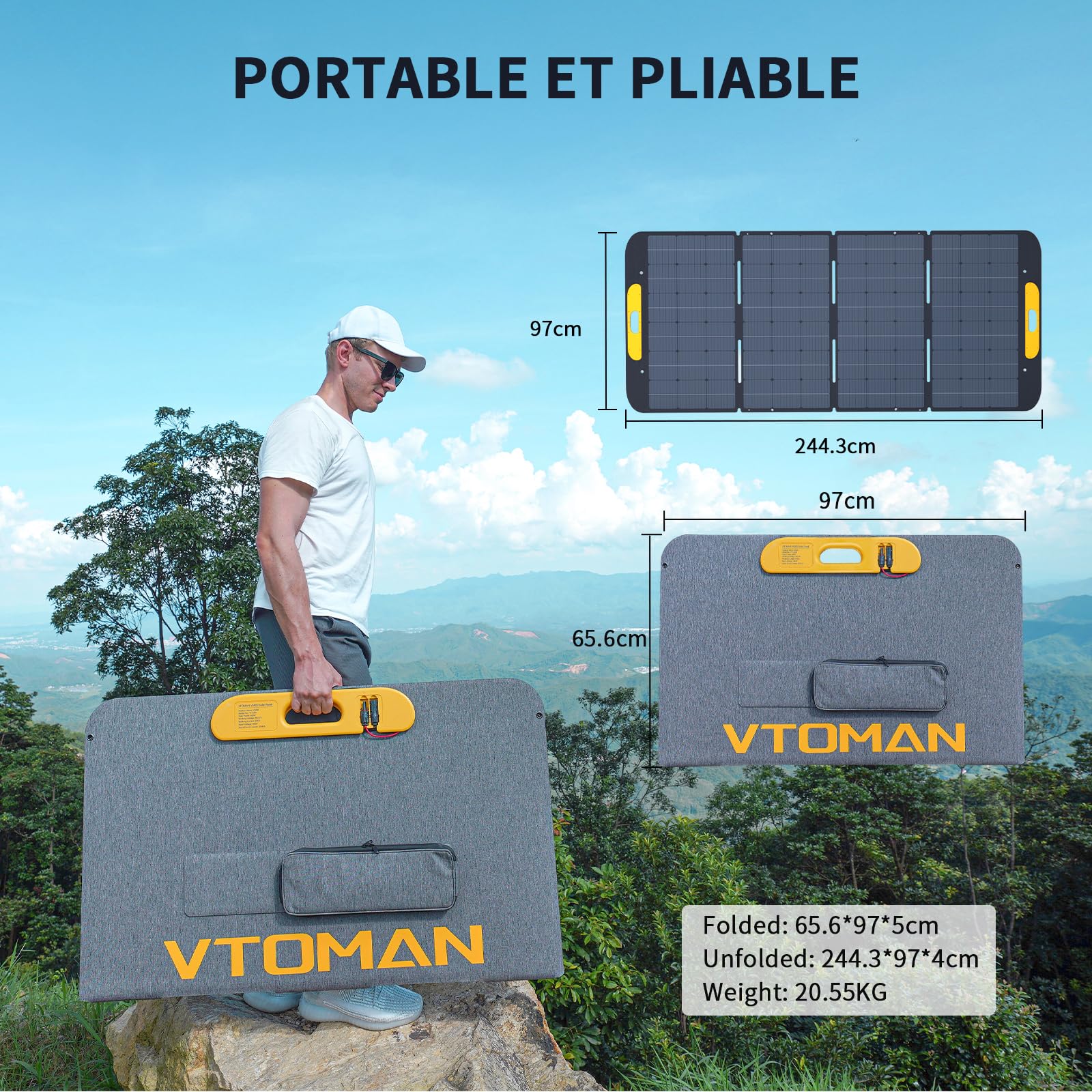 VTOMAN VS400 Panneau Solaire Portable 400W 43V, Efficacité 25% | Pliable & IP67 Étanche, Adaptateurs Anderson XT60 XT90 DC5521, Pieds Réglables, pour station électrique portable