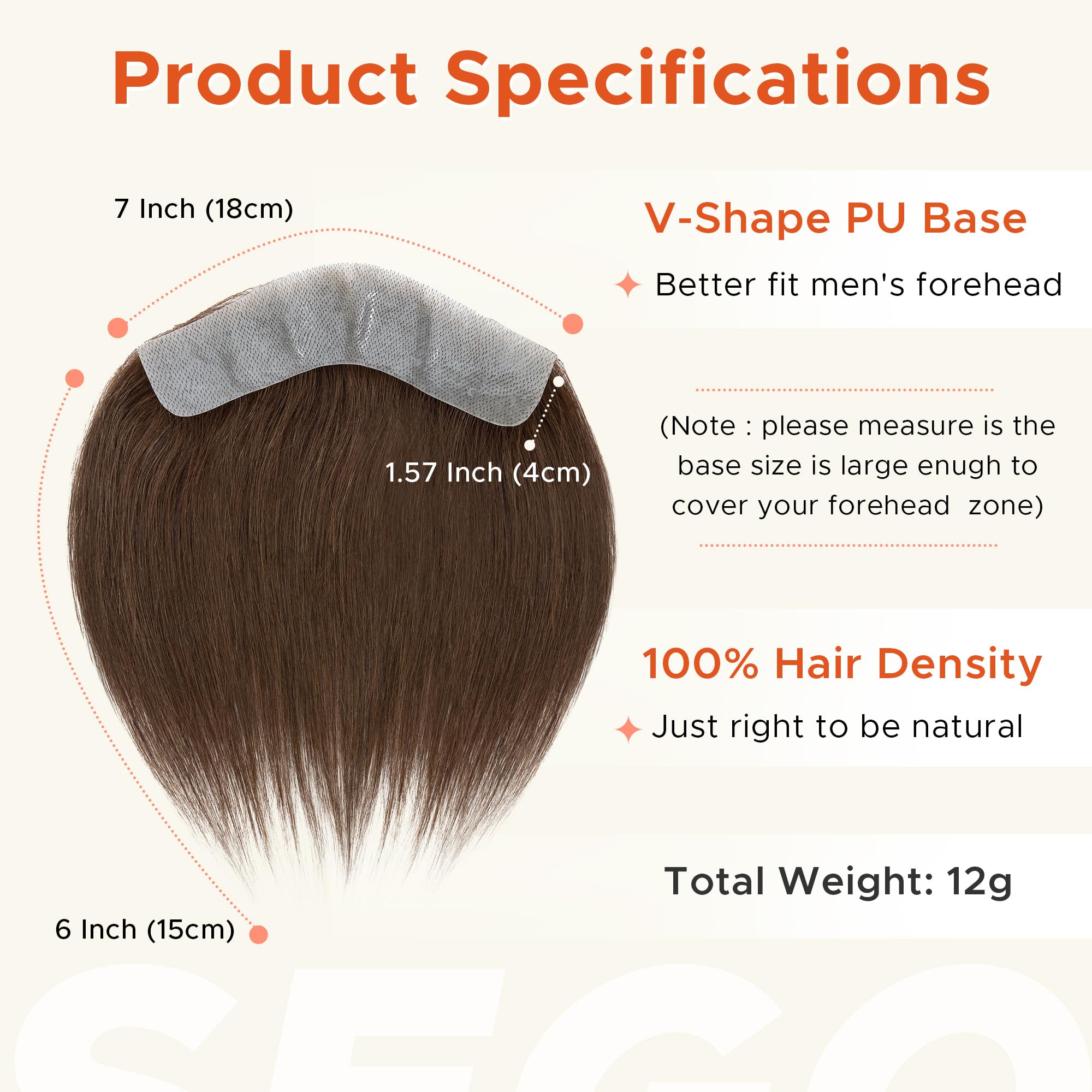 6 inch SEGO Men's Toupee V-Shape Hairline Real Human Hair Extension Forehead Hairpiece Fringe Bang Replacement System Invisible (4 * 18cm,#4 Medium Brown) - Image 4