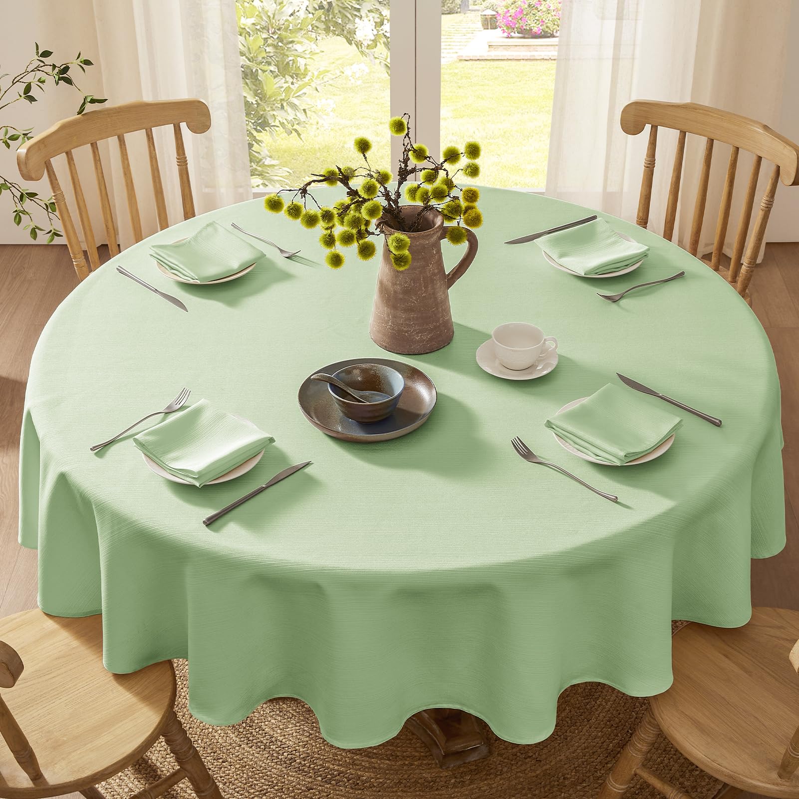 Yeahshion Rond tafelkleed, vlekbestendig, groen, 150 cm, waterdicht tafelkleed, polyester-linnenlook voor tafel, eetkamer, restaurant, bescherming (groen, 150 cm
