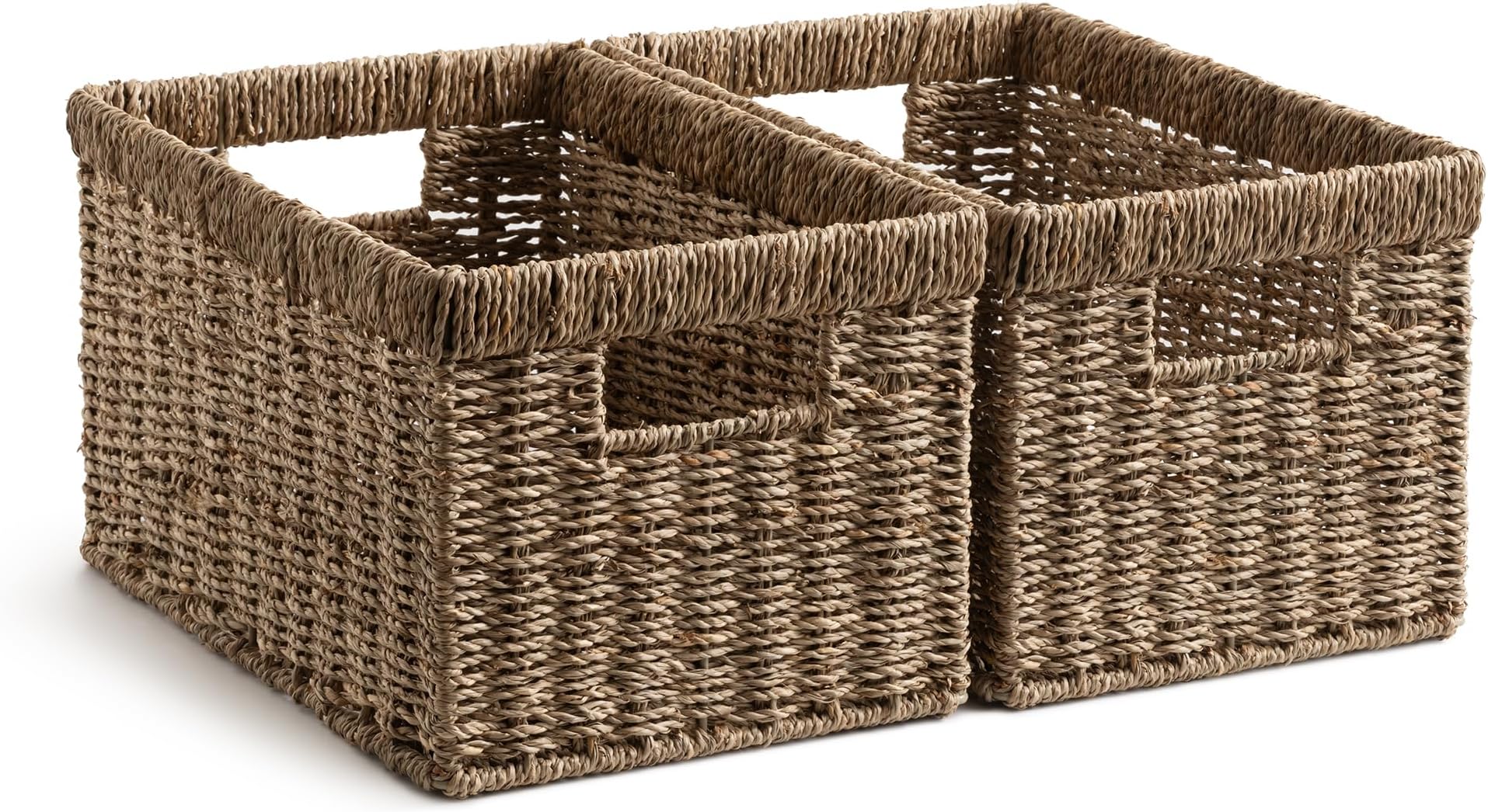 StorageWorks Wicker Baskets for Shelves, Large Shelf Storage Baskets with Handles, Rectangular Wicker Storage Box Organisers, Woven Basket for Organising Pantry Bathroom, Natural Seagrass, 2-Pack