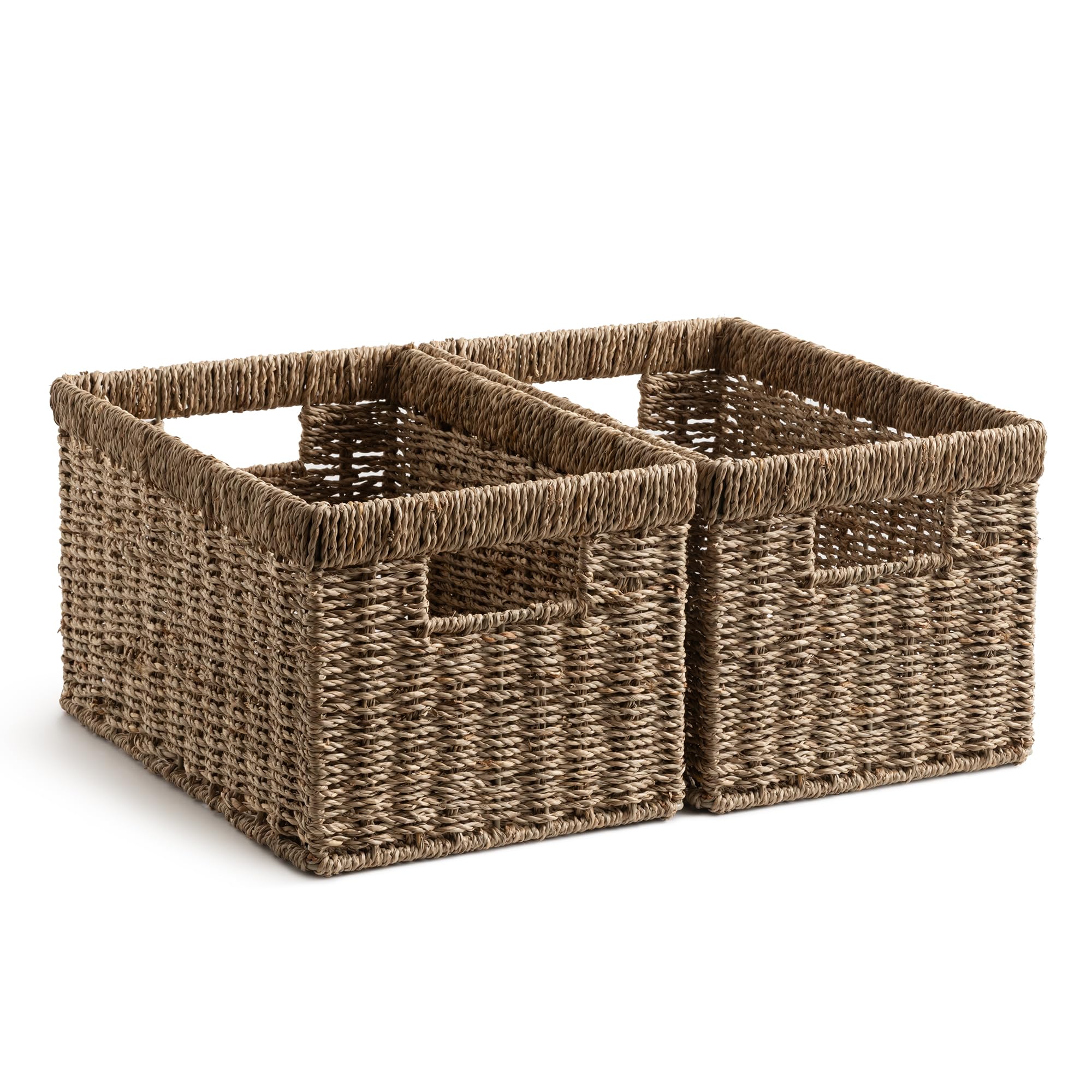 Storageworks Natural Seagrass Wicker Baskets For Shelves, Large Shelf Storage Baskets With Handles, Rectangular Wicker Storage Box Organisers, Woven Basket For Organising Pantry Bathroom, 2-Pack