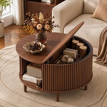WLIVE 31.5" Round Coffee Table with Storage, Walnut Brown