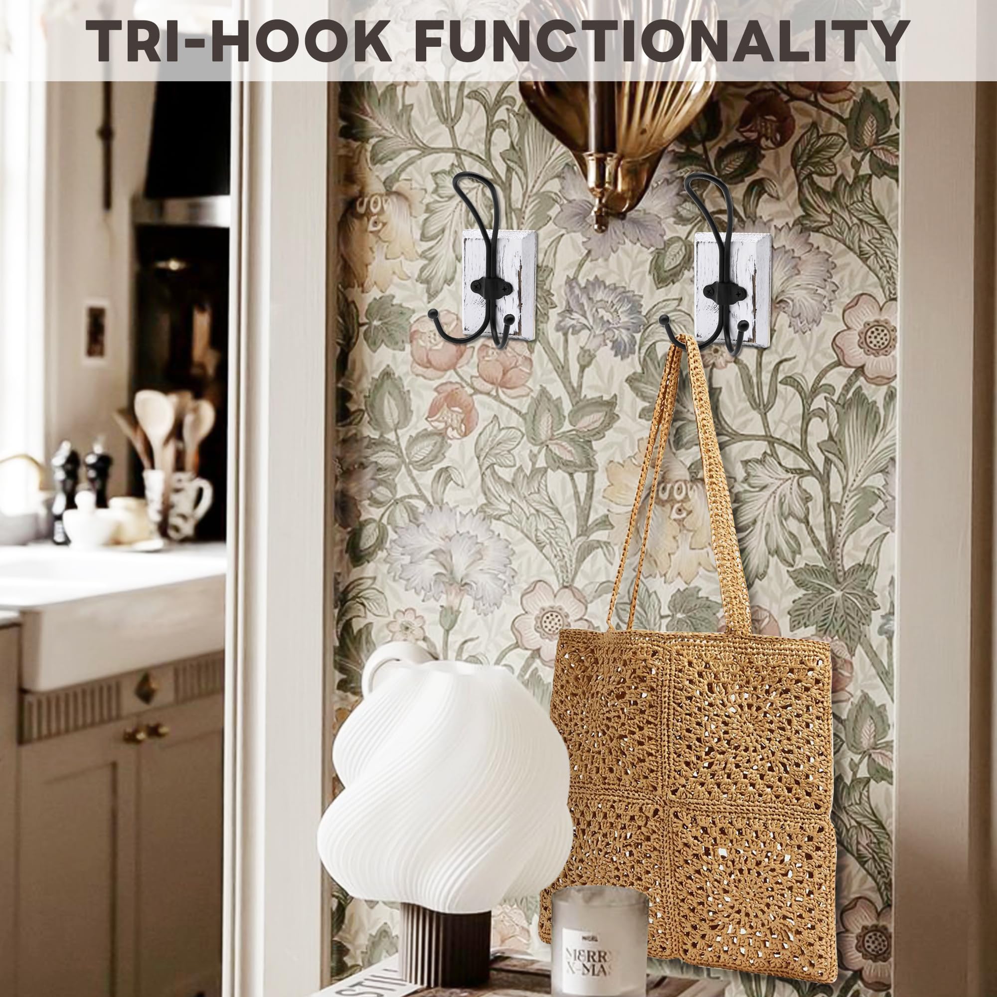 Paquete de 2 ganchos de pared de madera de pino, perchero adhesivo o para toallas de baño, perchas decorativas rústicas para entrada para sombreros, llaves, bolsos, bolsos, color blanco