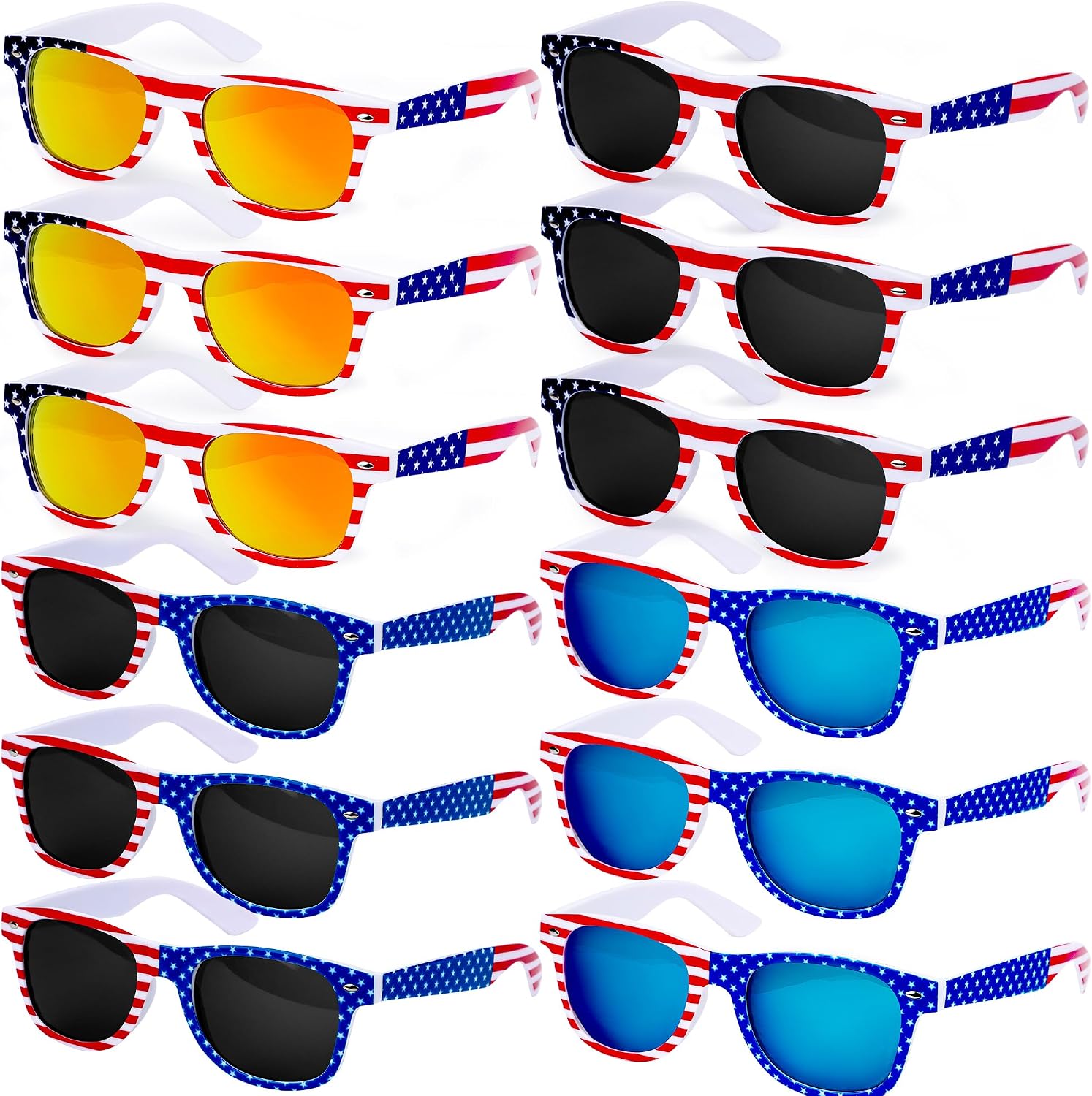 12 Pairs 4th of July Sunglasses, 250th Anniversary American Flag Sunglasses, USA Flag Eyewear Patriotic Party Favors & Parade Accessories, Independence Day Red White Blue Supplies for Women Men Teens