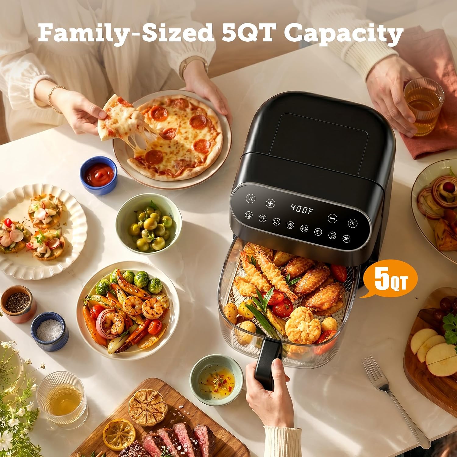 Kismile 5QT Glass Air Fryer, 8 in 1 PFAS-Free Non Toxic AirFryers, Digital Touch Control, Portable Air Fryer with Precise Temperature Control & Timer, Up to 400°F, 95% Less Oil.(Black)