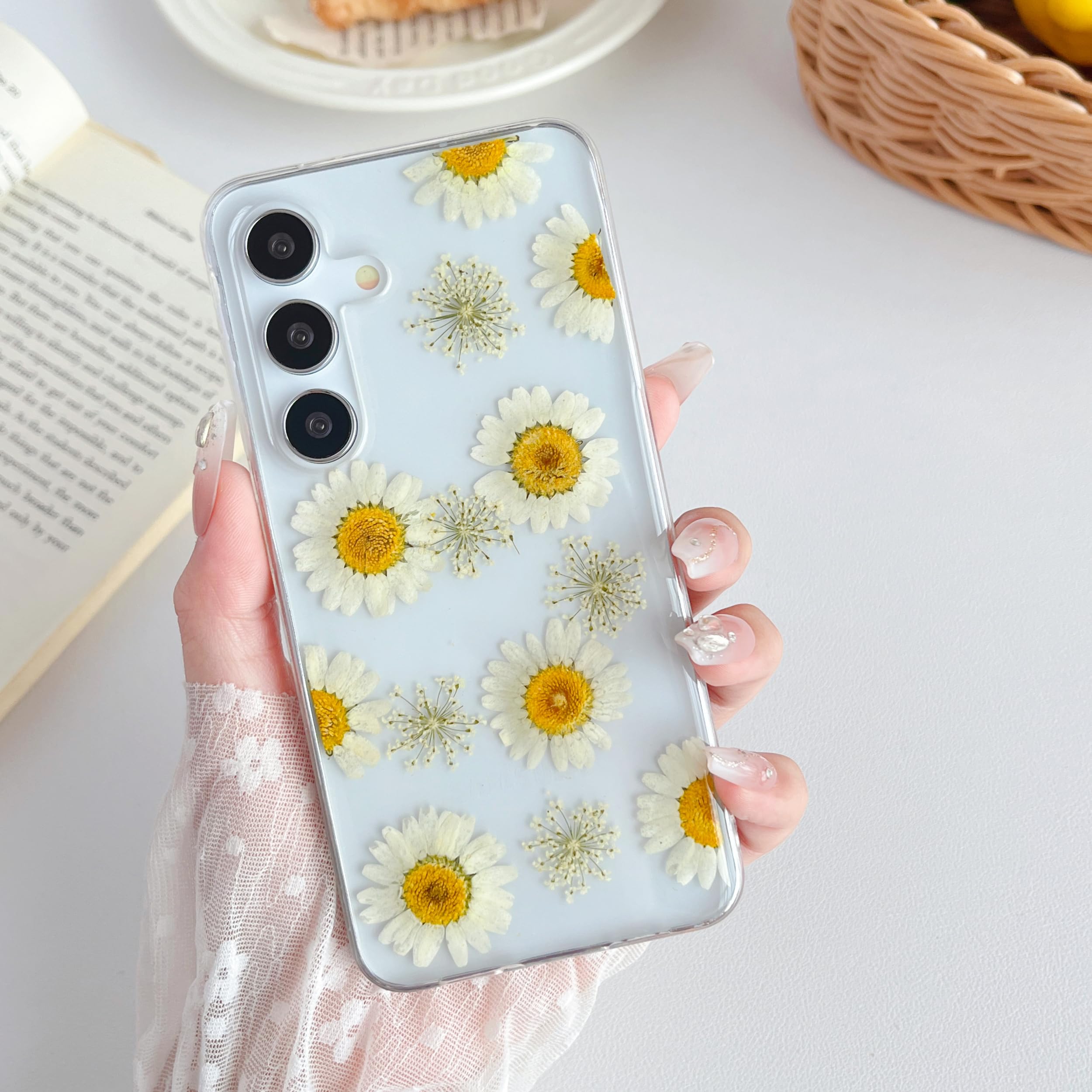 XIZYO for Samsung Galaxy S23 FE Case Cute Floral Clear Daisy Pattern Aesthetic Dried Flowers Women Girls Glitter Slim TPU Bumper Shockproof Protective