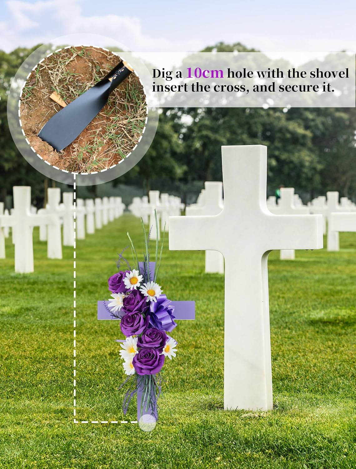 Cross for Cemetery Grave with Flowers: Outdoor Easter Grave Decorations for Cemetery - Purple Roses Artificial Flowers Memorial Wooden Cross for Gravesites