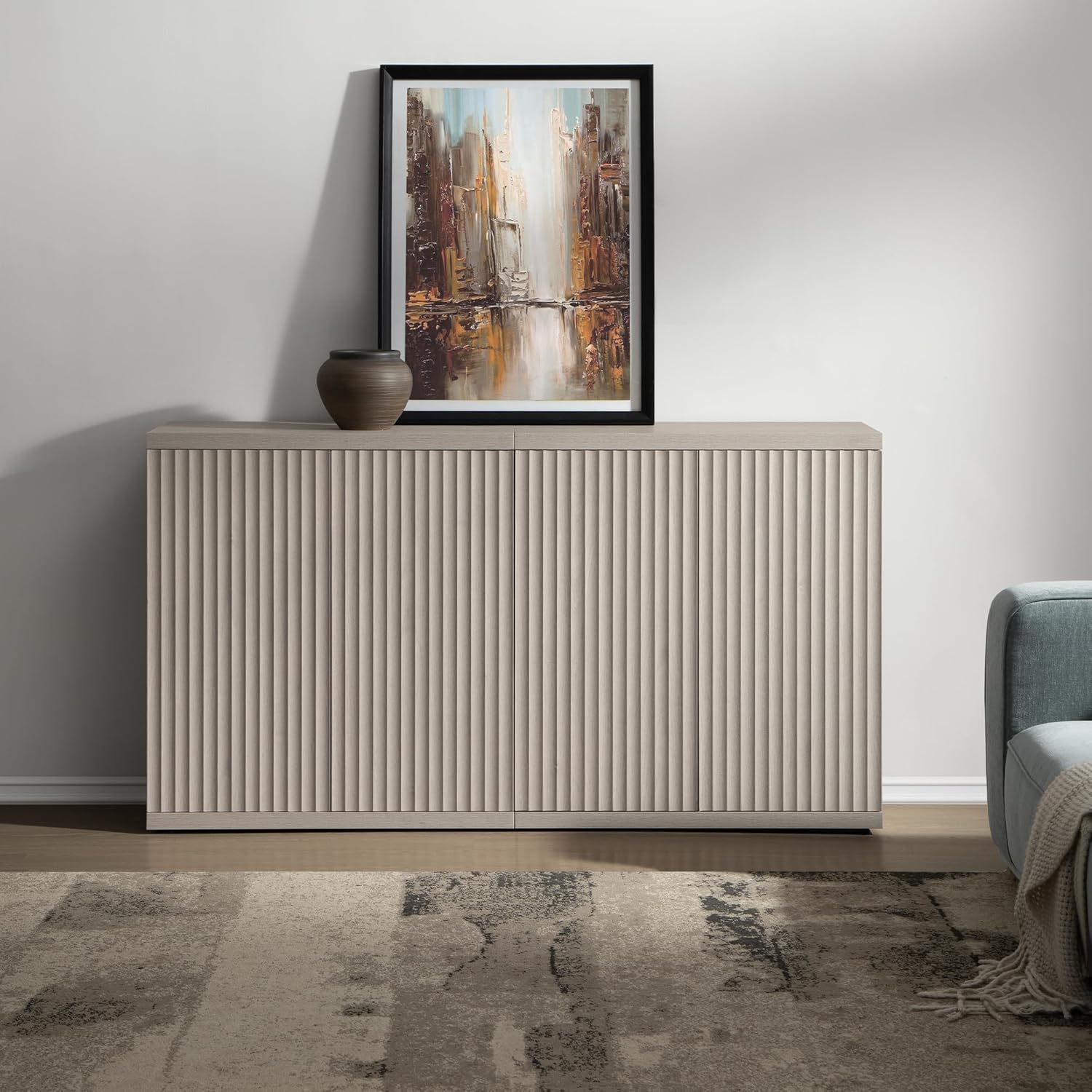 SICOTAS Buffet Cabinet with Storage Accent Sideboard Modern Credenza with Doors & Shelves Fluted Media Console Mid Century Coffee Bar Table for Living Room Kitchen Dining Room Hallway（2PCS） 2 Pieces White Alder